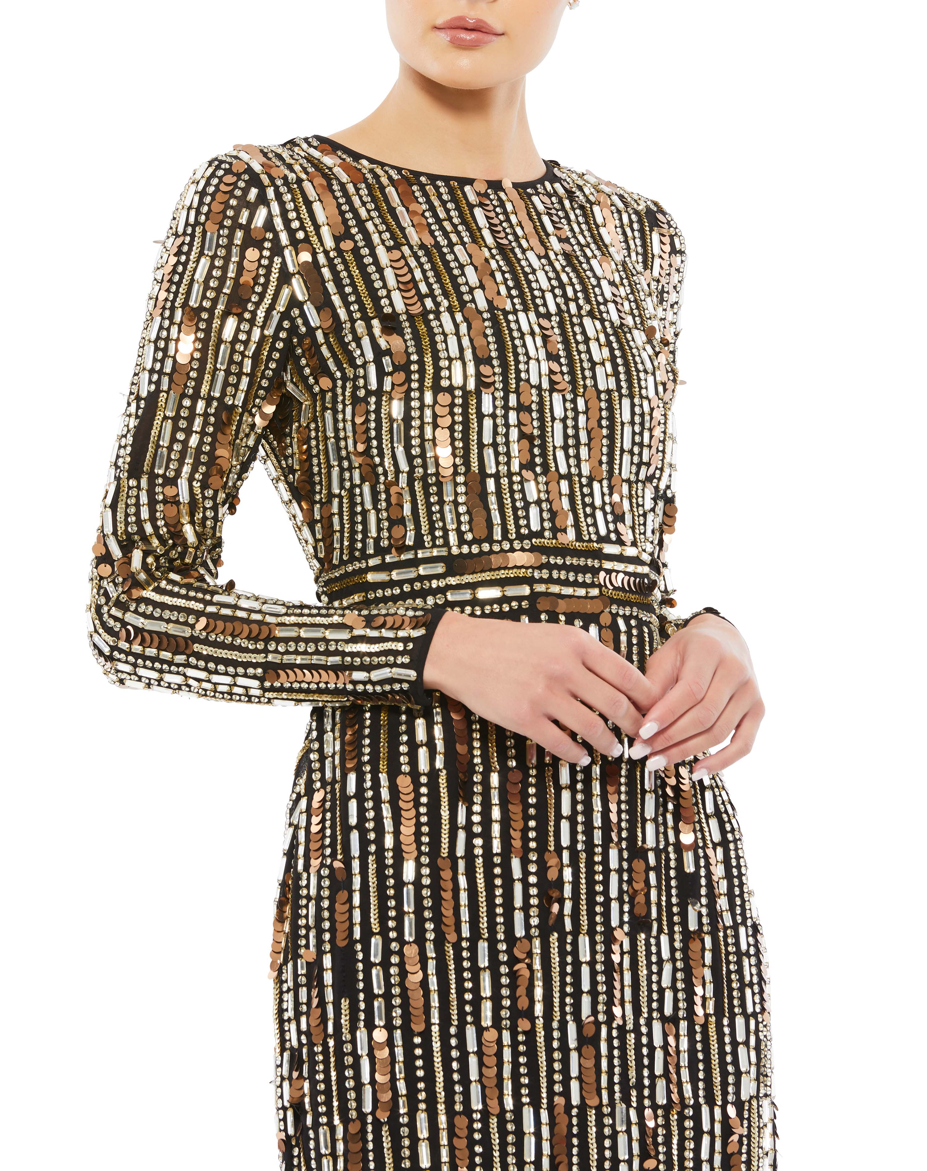 Embellished High Neck Long Sleeve Fitted Dress
