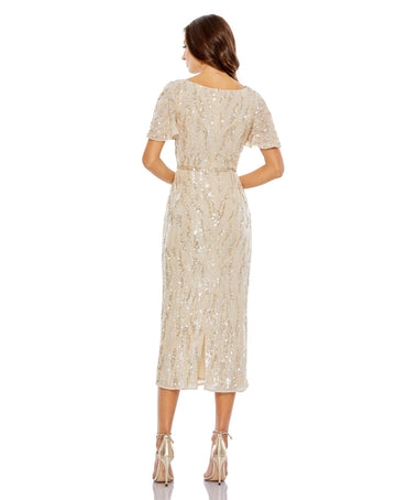 Sequined V Neck Flutter Sleeve Tea Length Dress – Mac Duggal