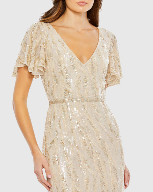 Beige Sequined V Neck Flutter Sleeve Tea Length Dress