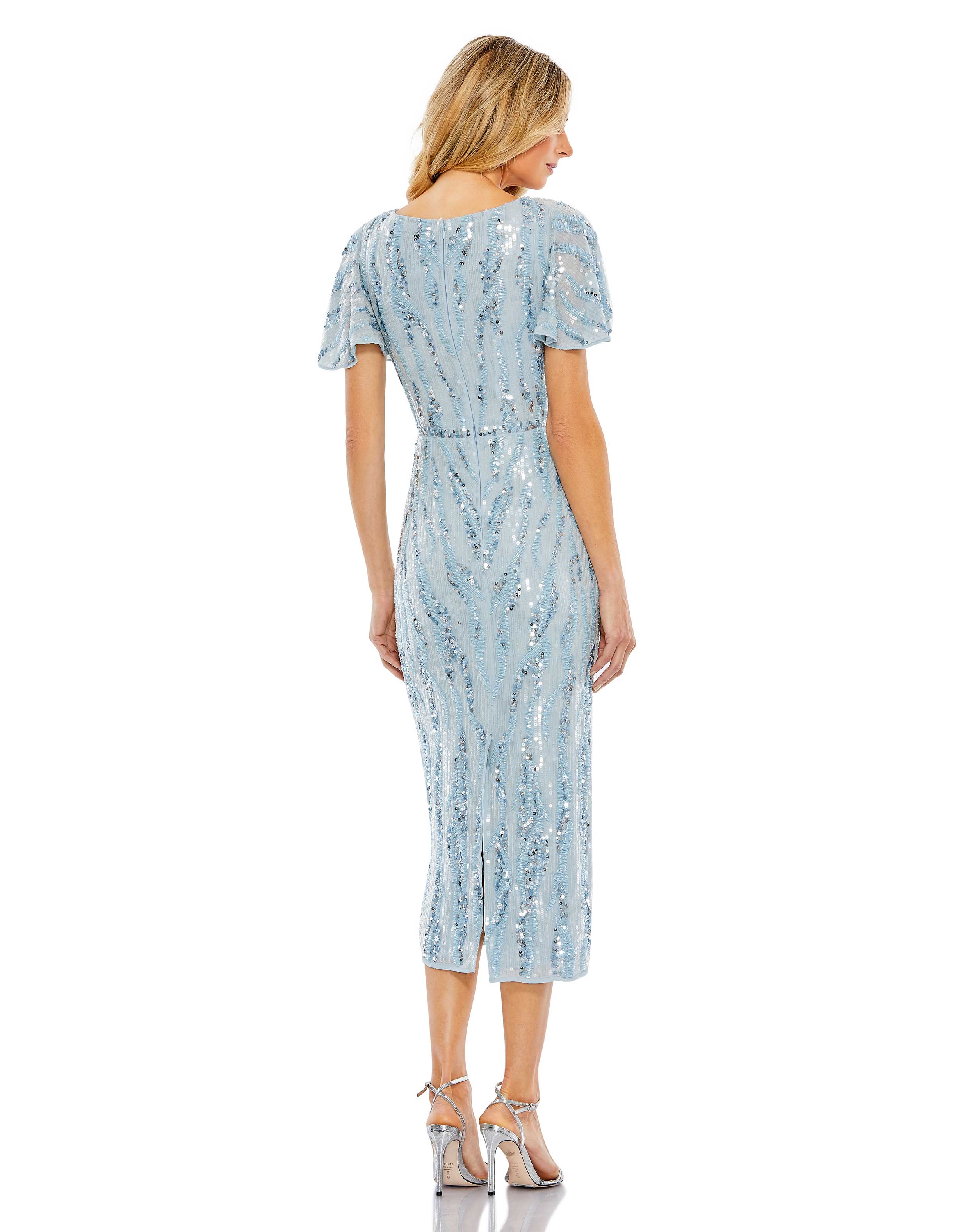 Sequined V Neck Flutter Sleeve Tea Length Dress