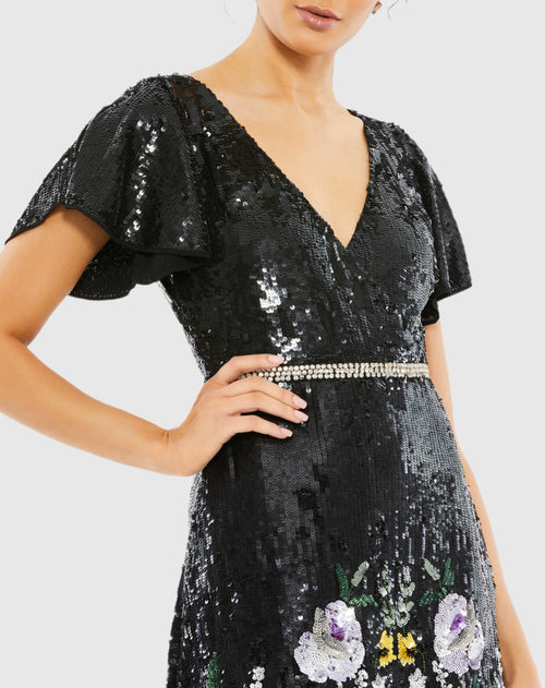 Embellished V Neck Flutter Sleeve Dress