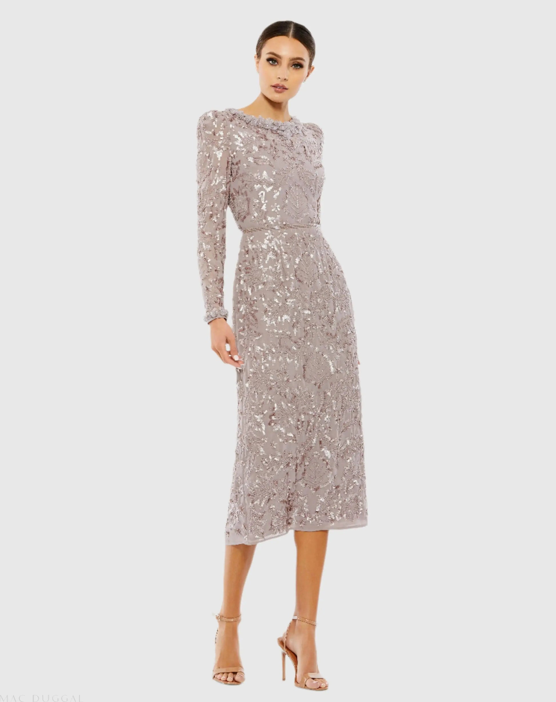 Embellished High Neck Puff Sleeve Fitted Dress - Mac Duggal Embellished High Neck Puff Sleeve Fitted Dress - Mac Duggal
