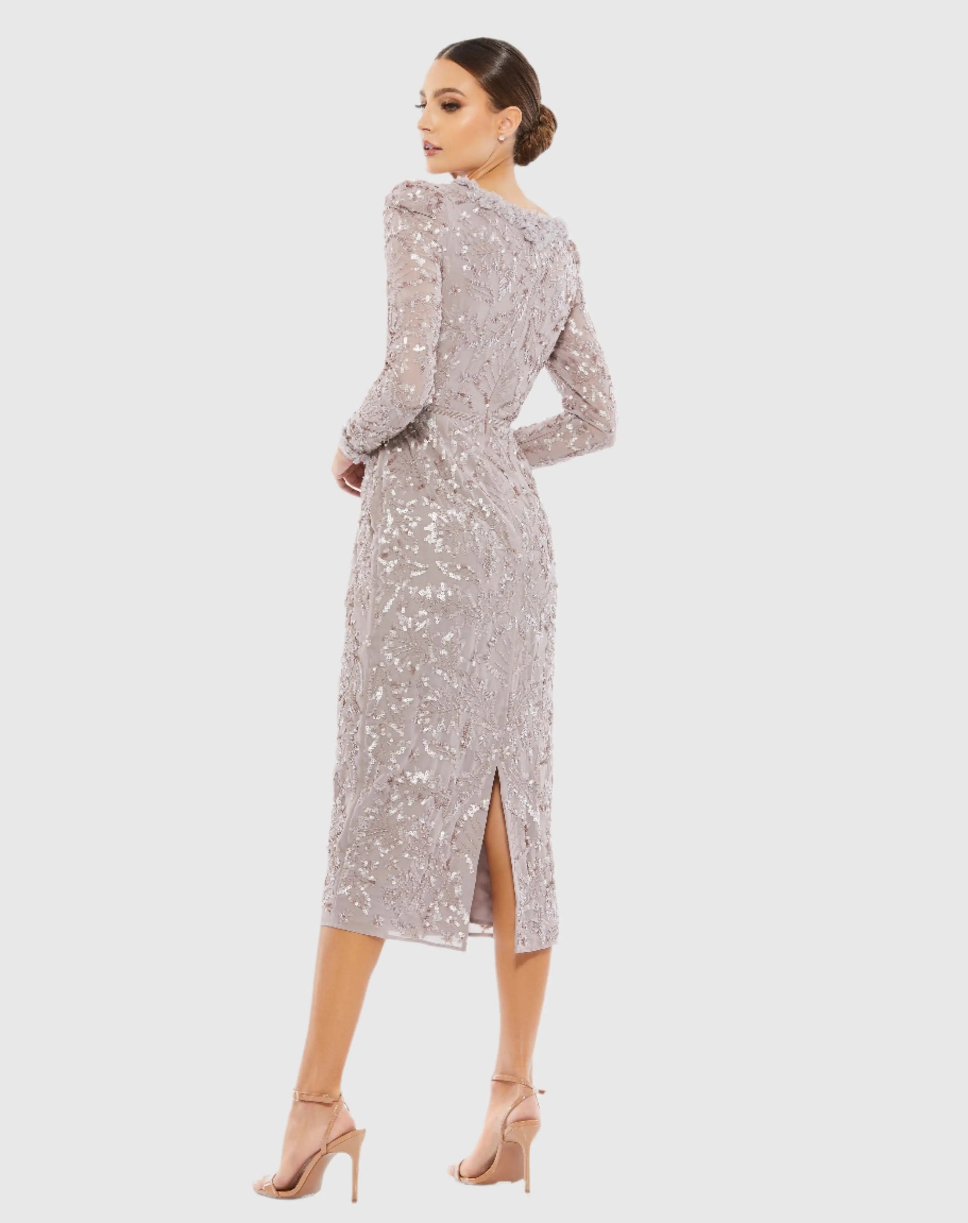 Light Purple Embellished High Neck Long Sleeve Midi Dress | Mac Duggal Light Purple Embellished High Neck Long Sleeve Midi Dress | Mac Duggal