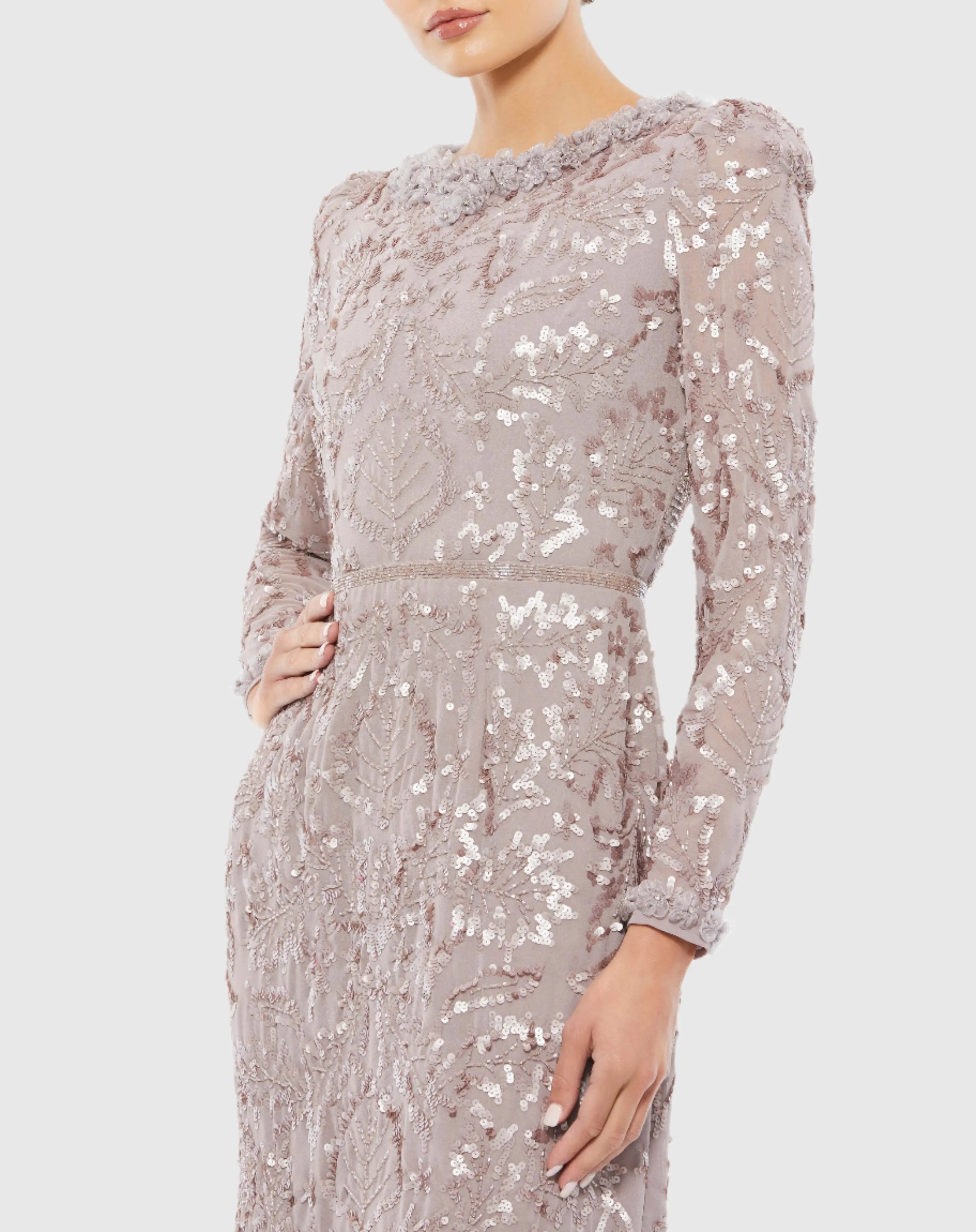 Light Purple Embellished High Neck Puff Sleeve Midi Sheath Dress - Mac Duggal