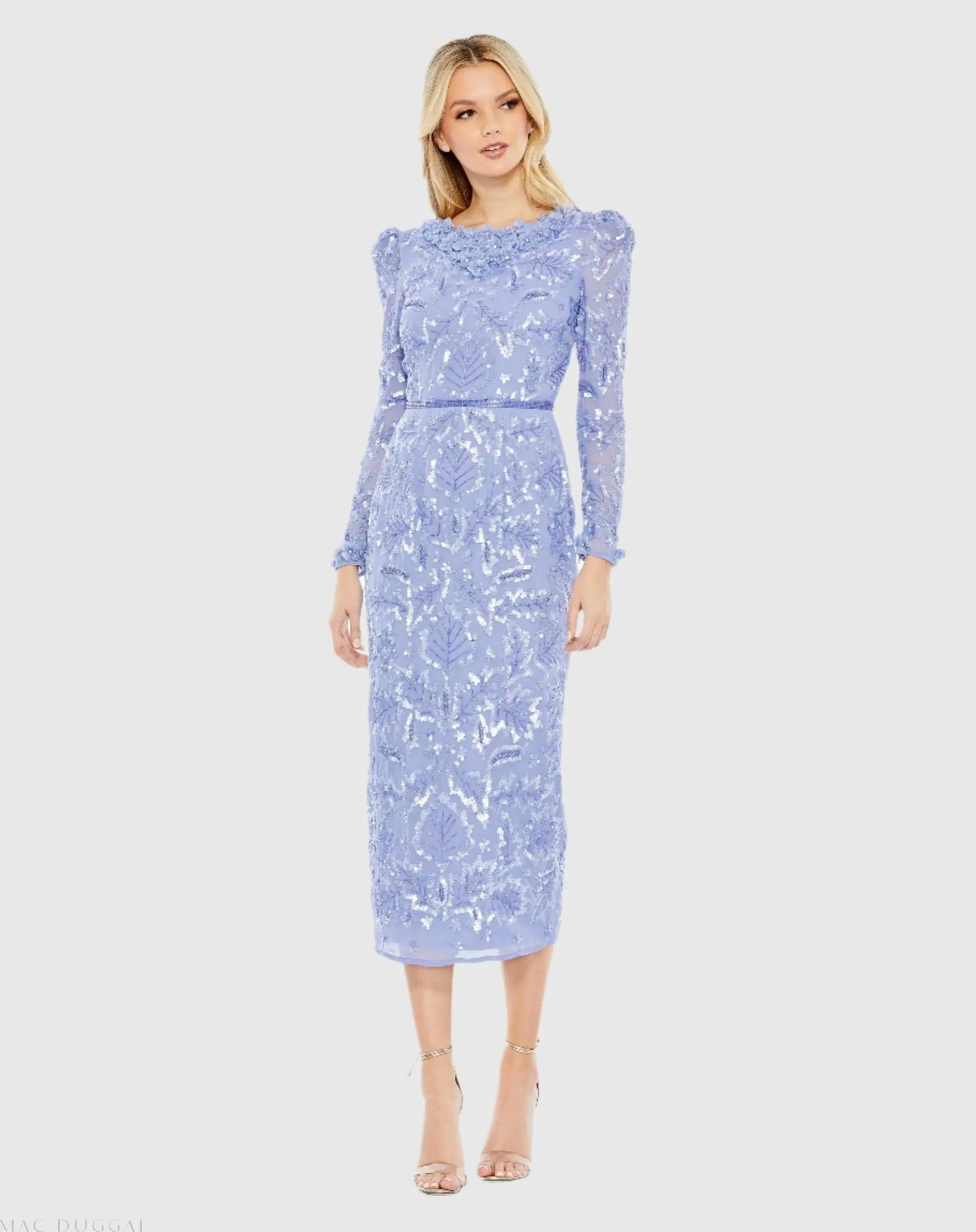Embellished High Neck Puff Sleeve Fitted Dress - Mac Duggal Embellished High Neck Puff Sleeve Fitted Dress - Mac Duggal