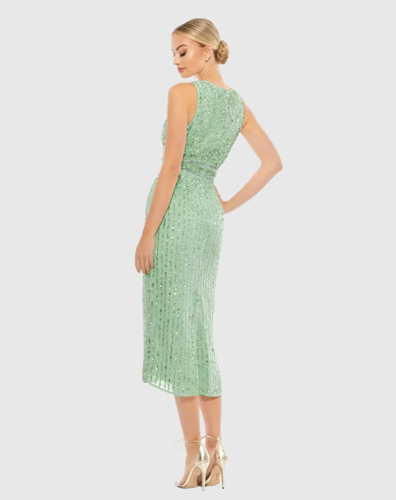 Green Sequined Sleeveless V-Neck Midi Sheath Dress - Mac Duggal