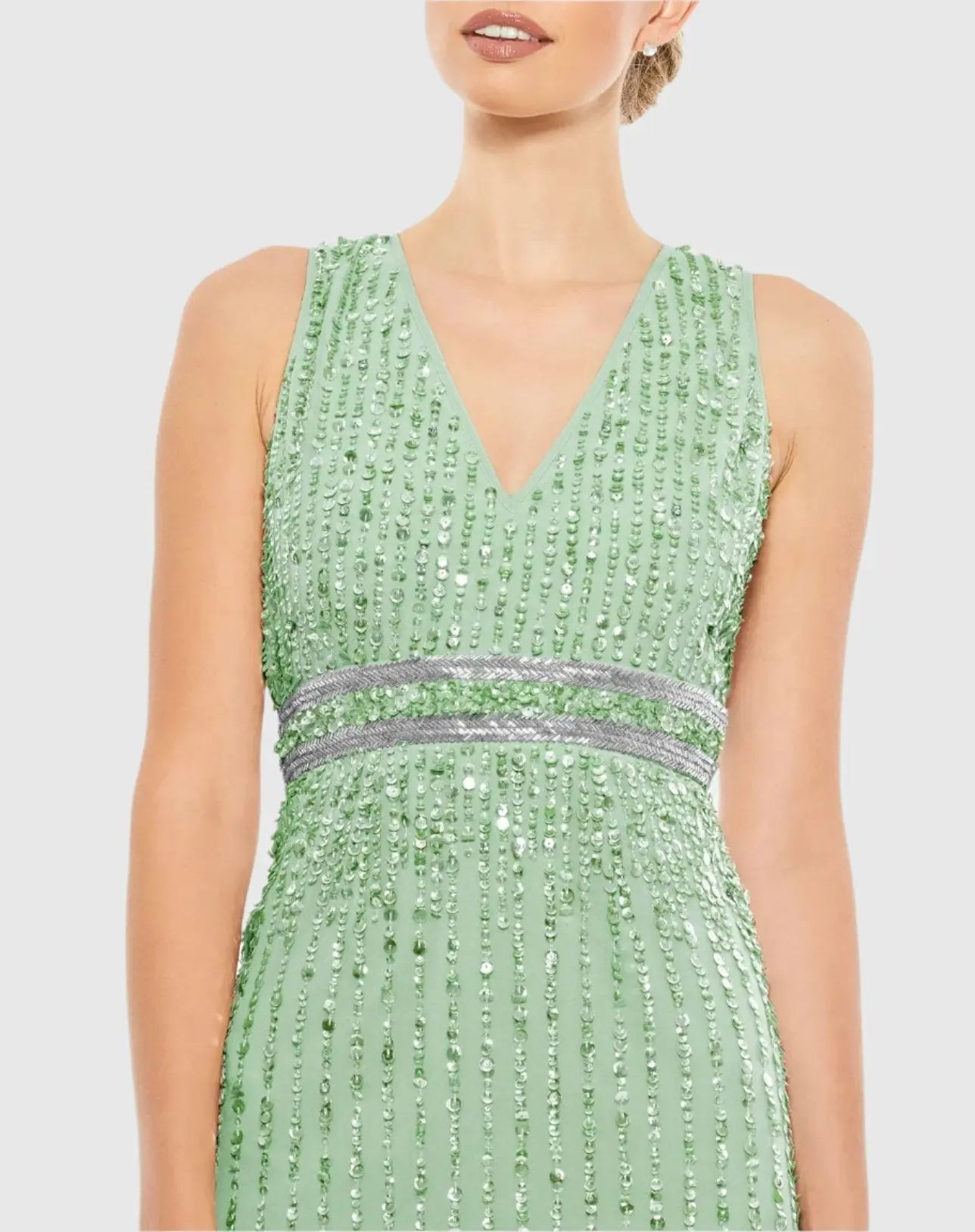 Green Sequined Sleeveless V-Neck Midi Sheath Dress - Mac Duggal