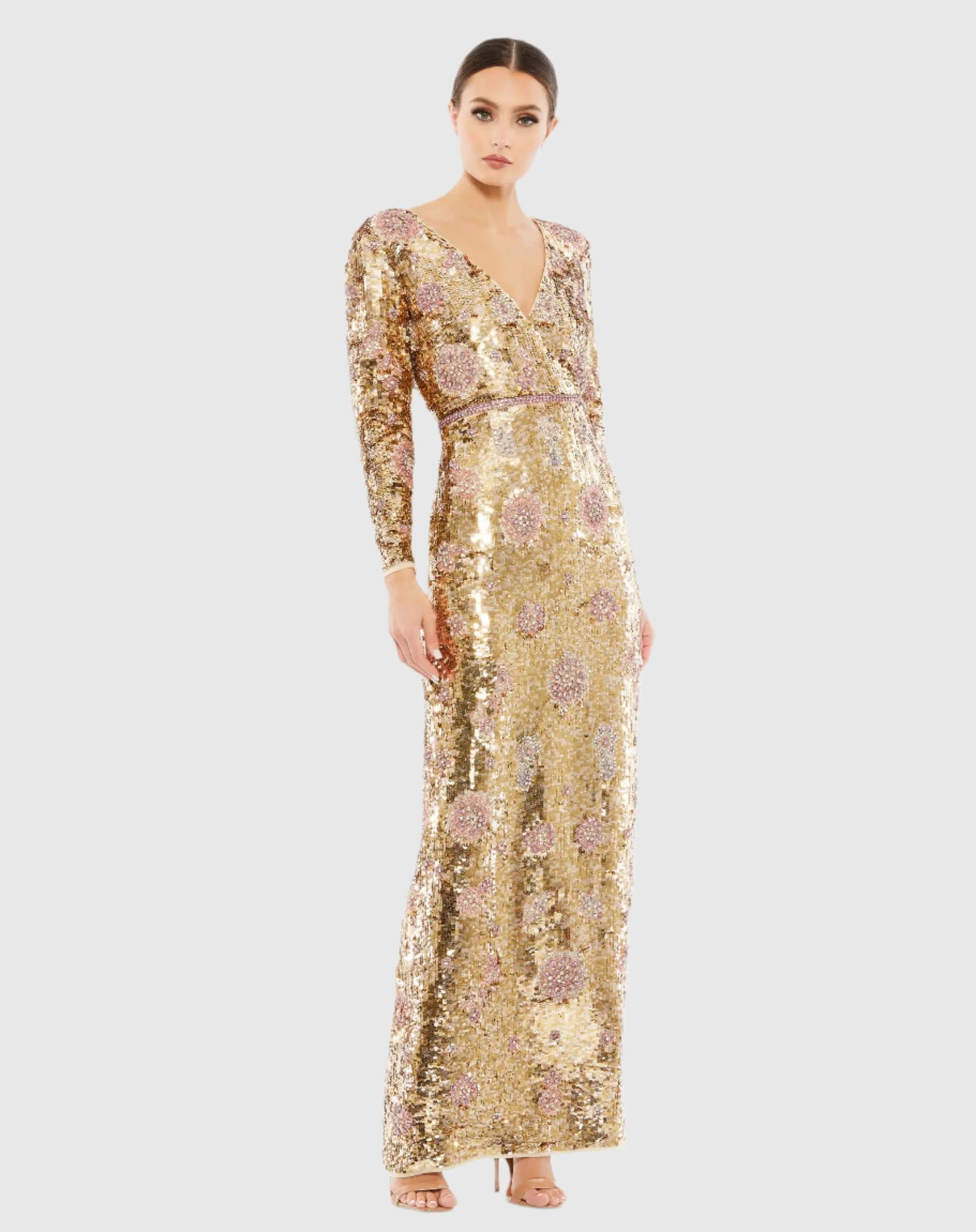 Mac Duggal Embellished Wrap-Over Long Sleeve Column Gown - Gold Mac Duggal Embellished Wrap-Over Long Sleeve Column Gown - Gold