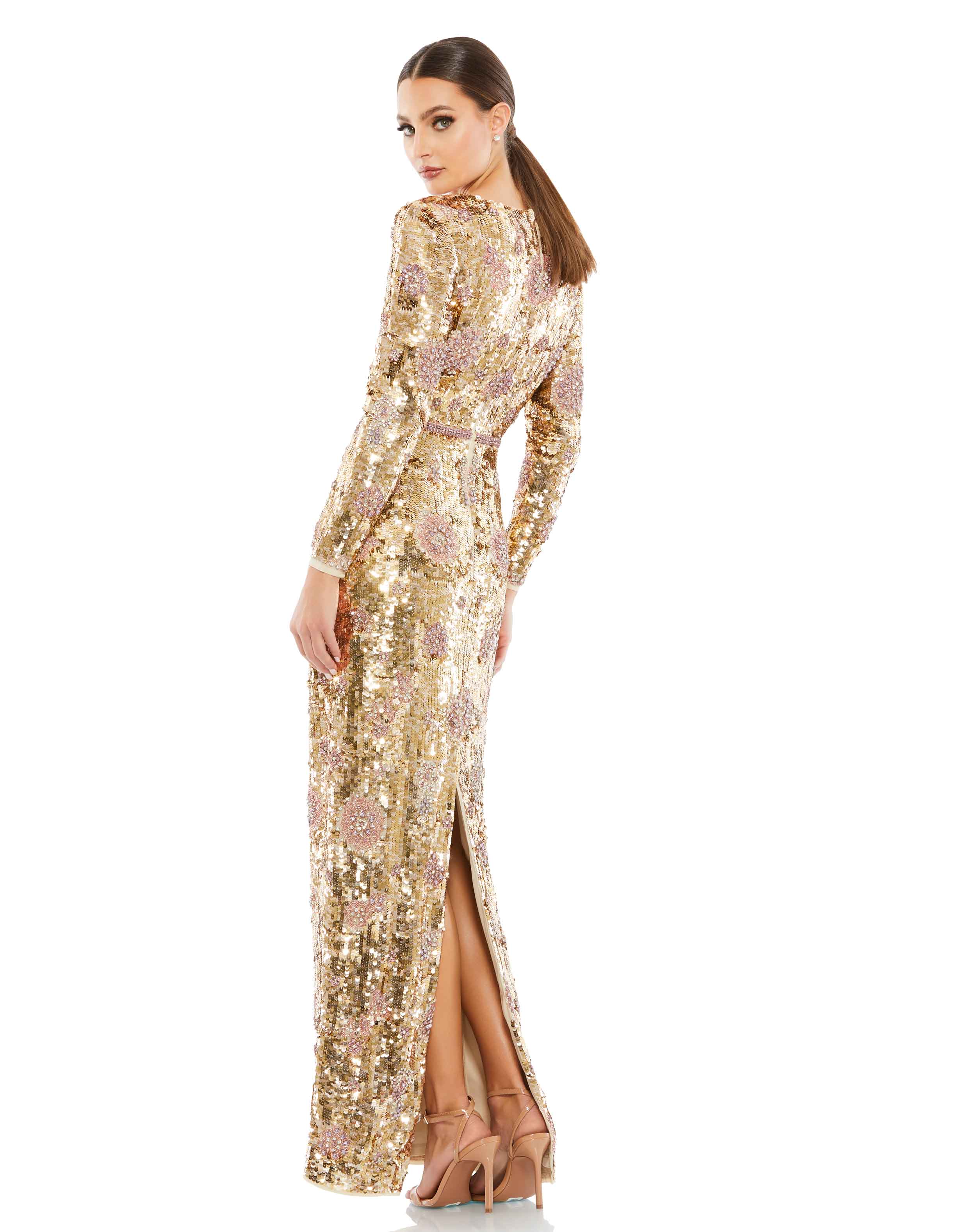 Embellished Wrap Over Long Sleeve Column Gown