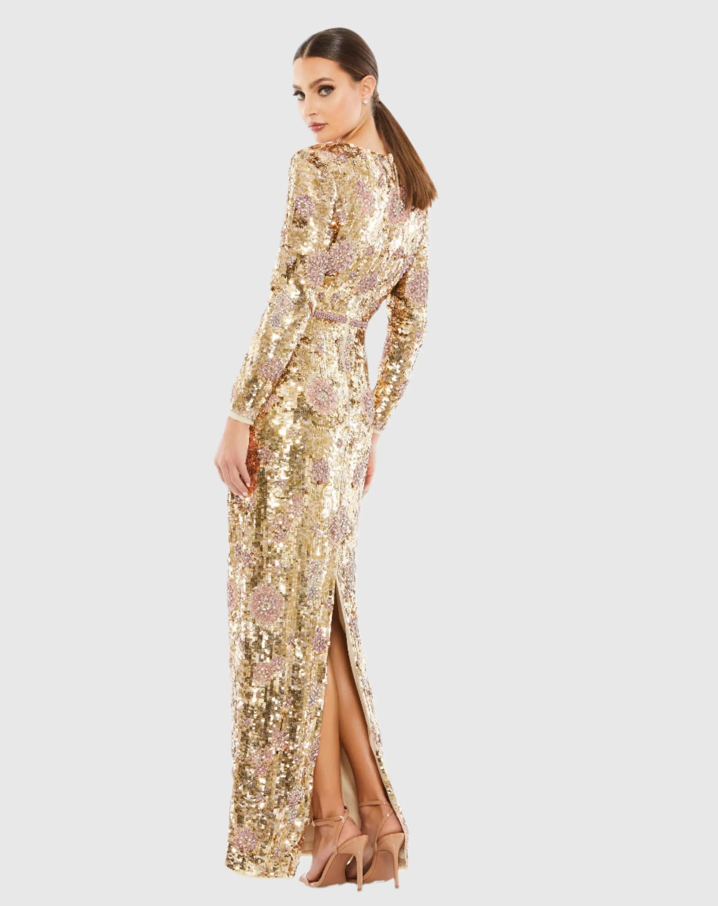 Embellished Wrap Over Long Sleeve Column Gown - Mac Duggal