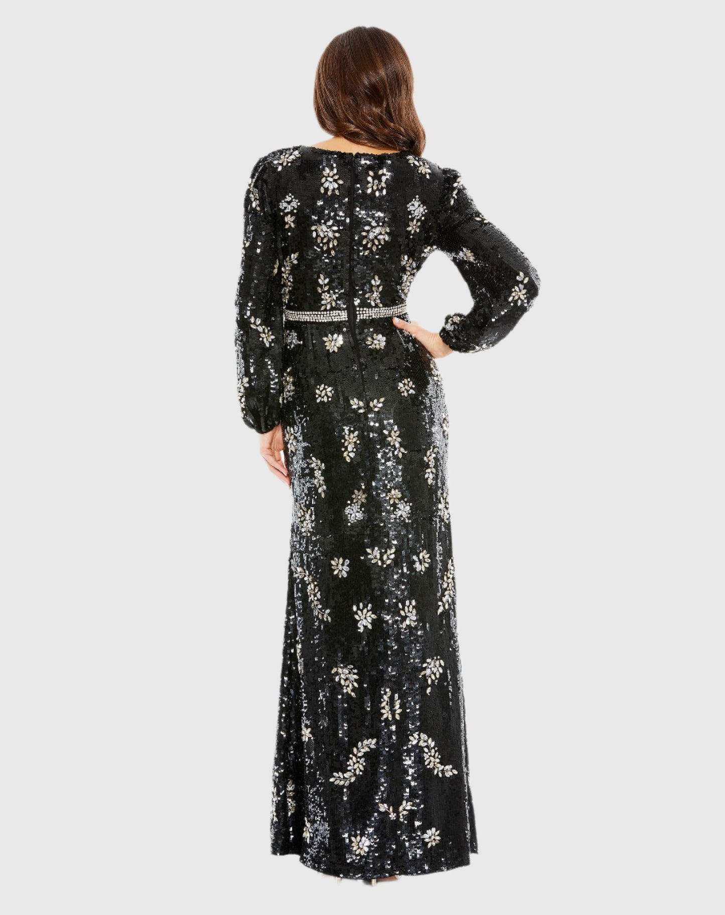 Embellished Wrap Over Bishop Sleeve Gown