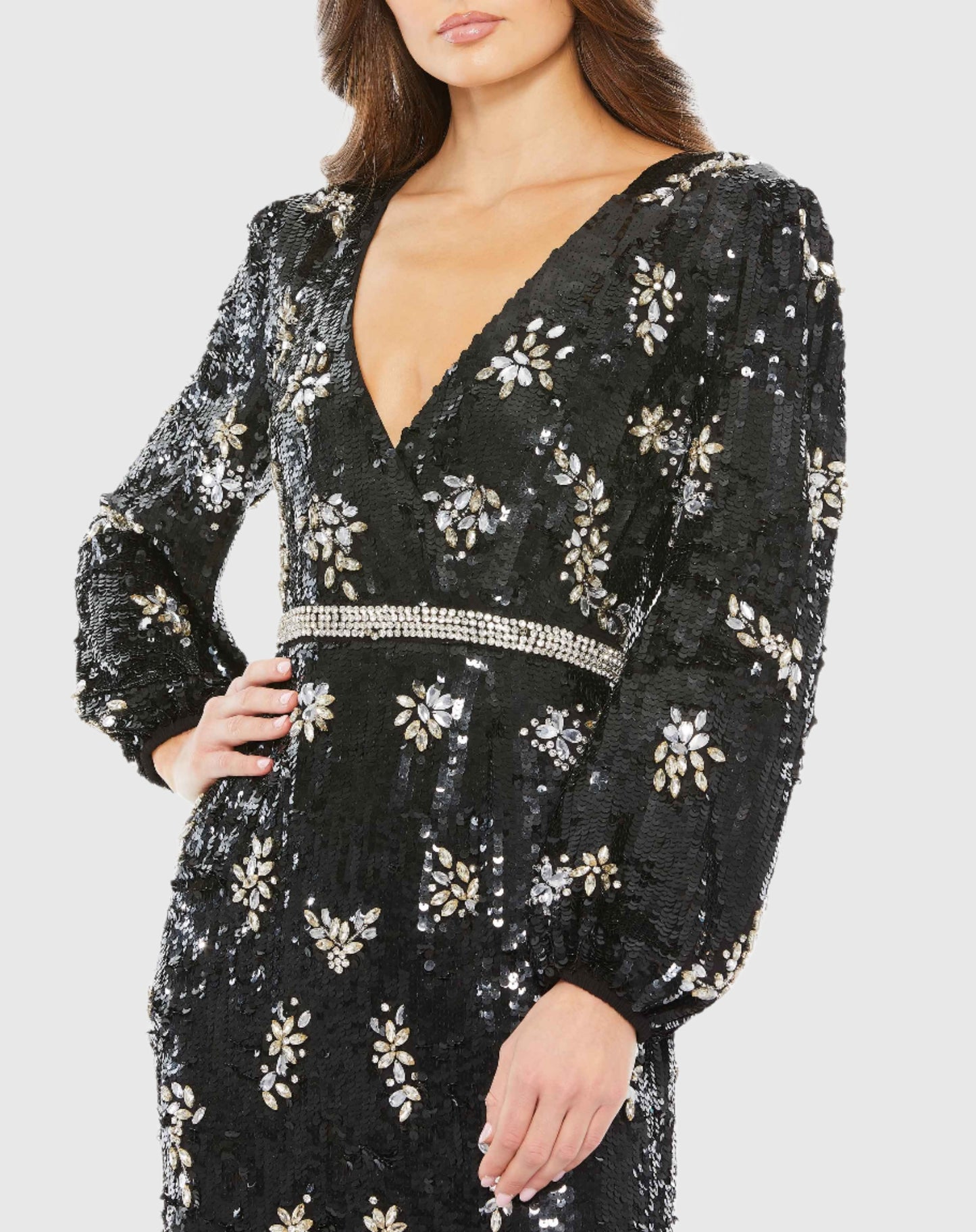 Embellished Wrap Over Bishop Sleeve Gown