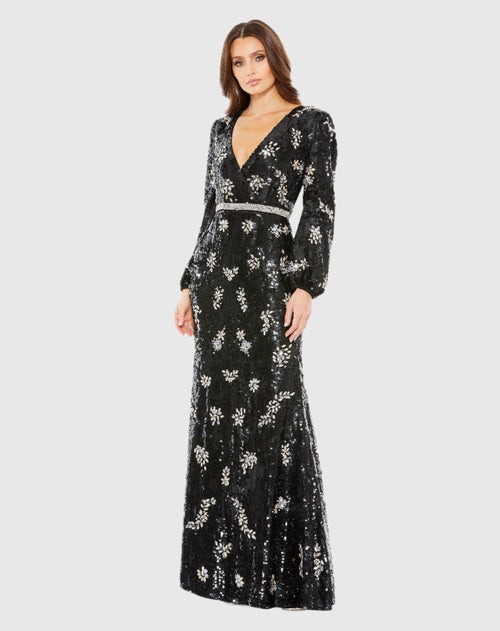 Embellished Wrap Over Bishop Sleeve Gown