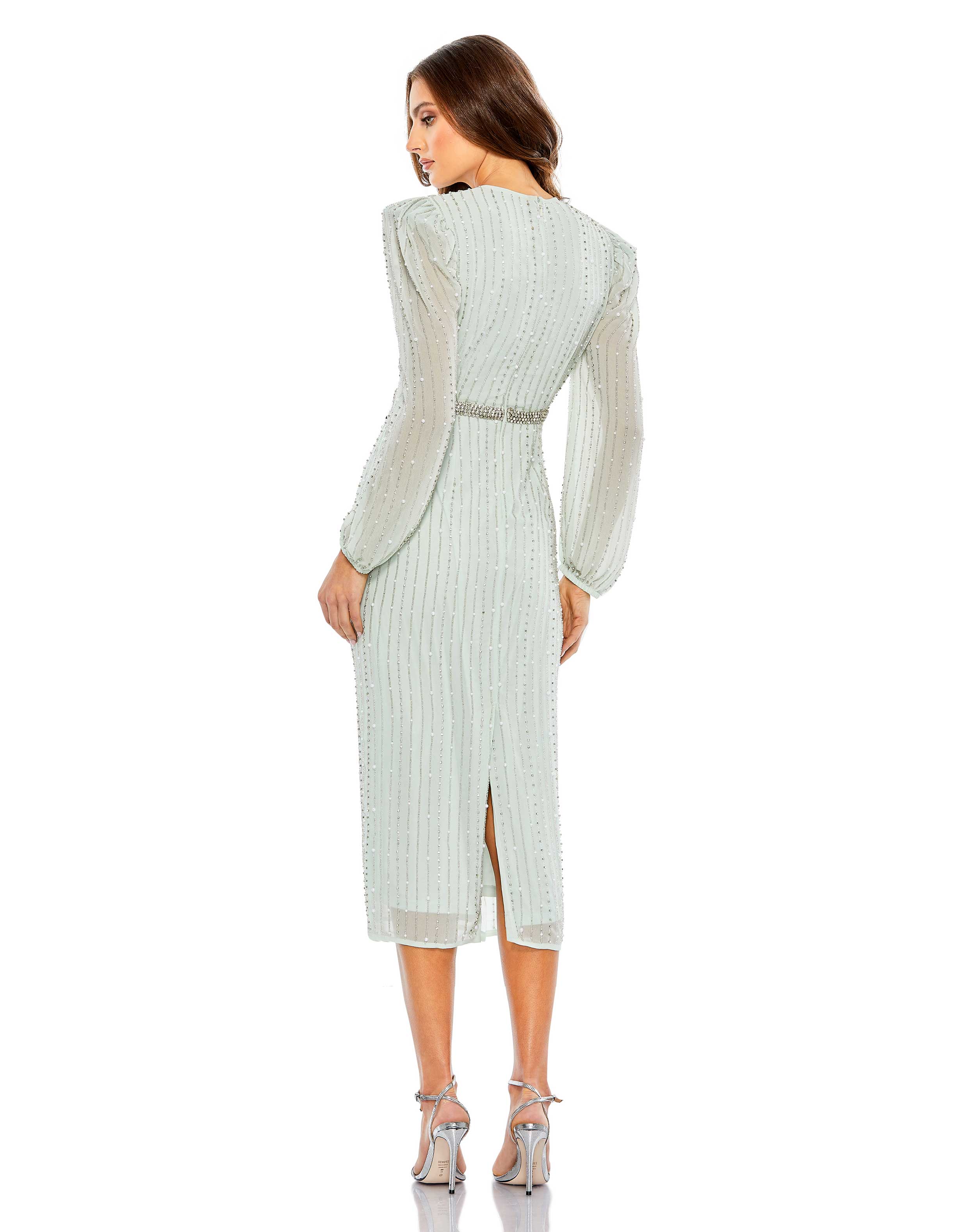 Long Sleeve Puff Sleeve Beaded Midi Dress - FINAL SALE