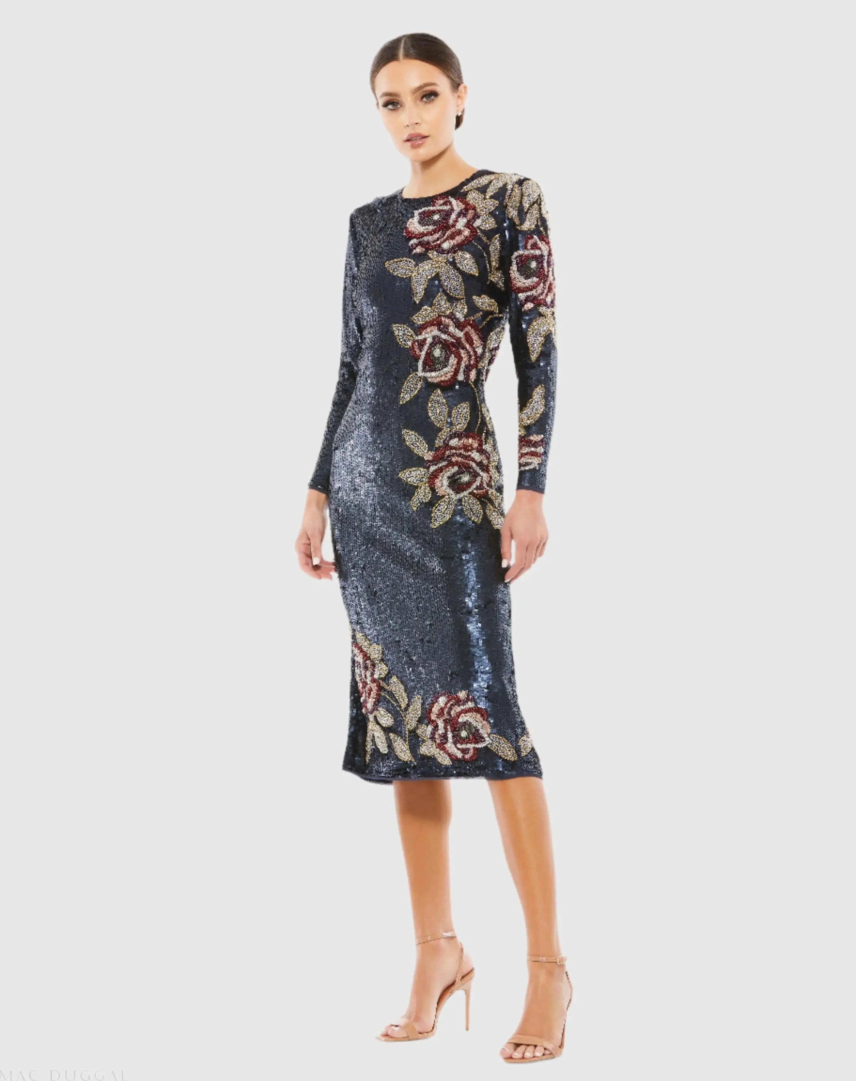 Navy Sequined Asymmetrical Floral Long Sleeve Midi Dress - Mac Duggal