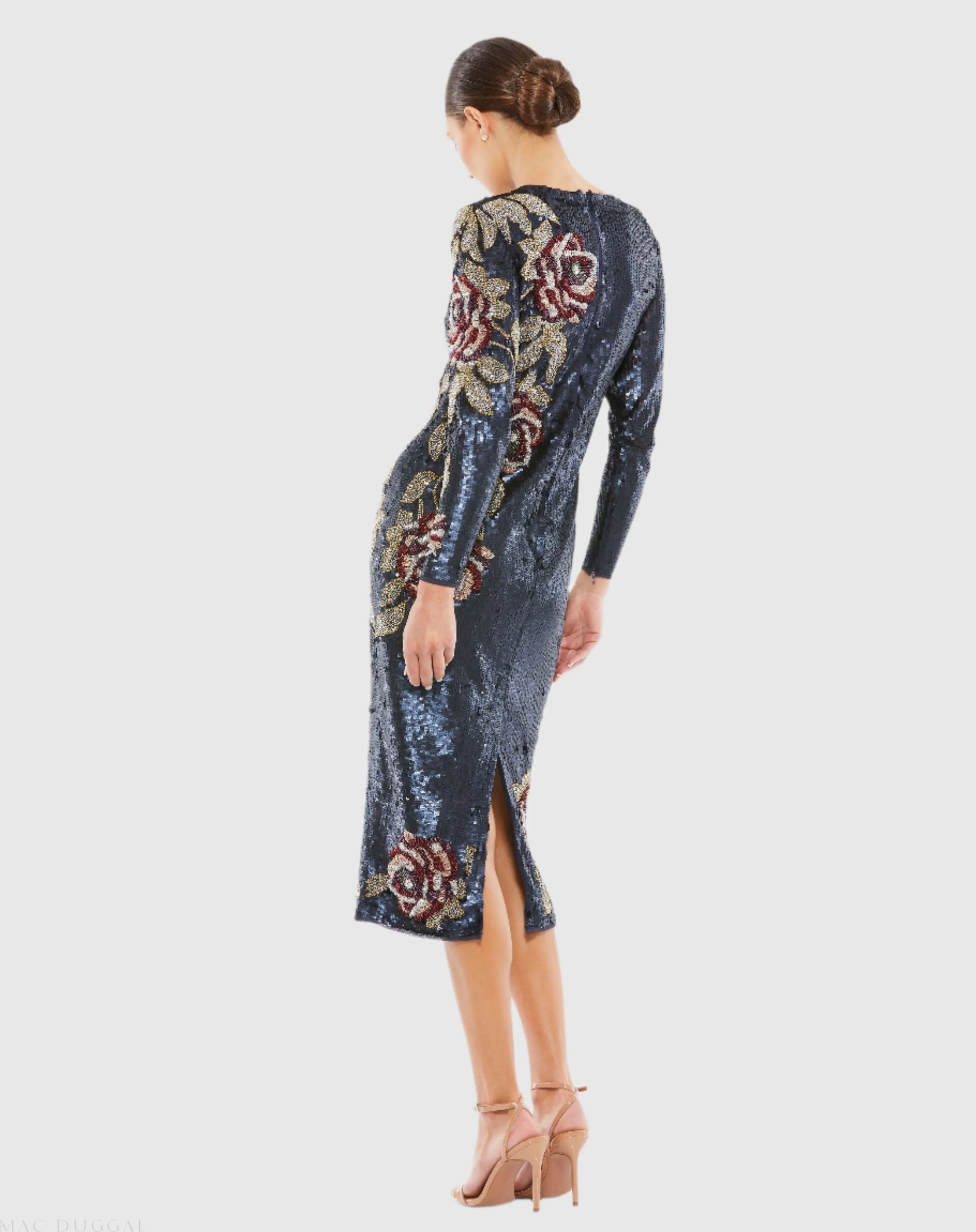 Navy Sequined Asymmetrical Floral Long Sleeve Midi Dress - Mac Duggal