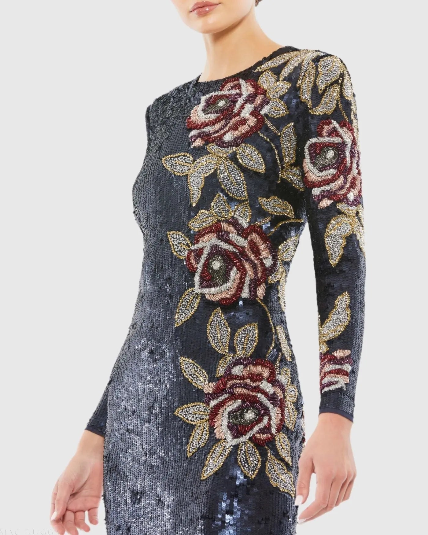 Navy Sequined Asymmetrical Floral Long Sleeve Midi Dress - Mac Duggal