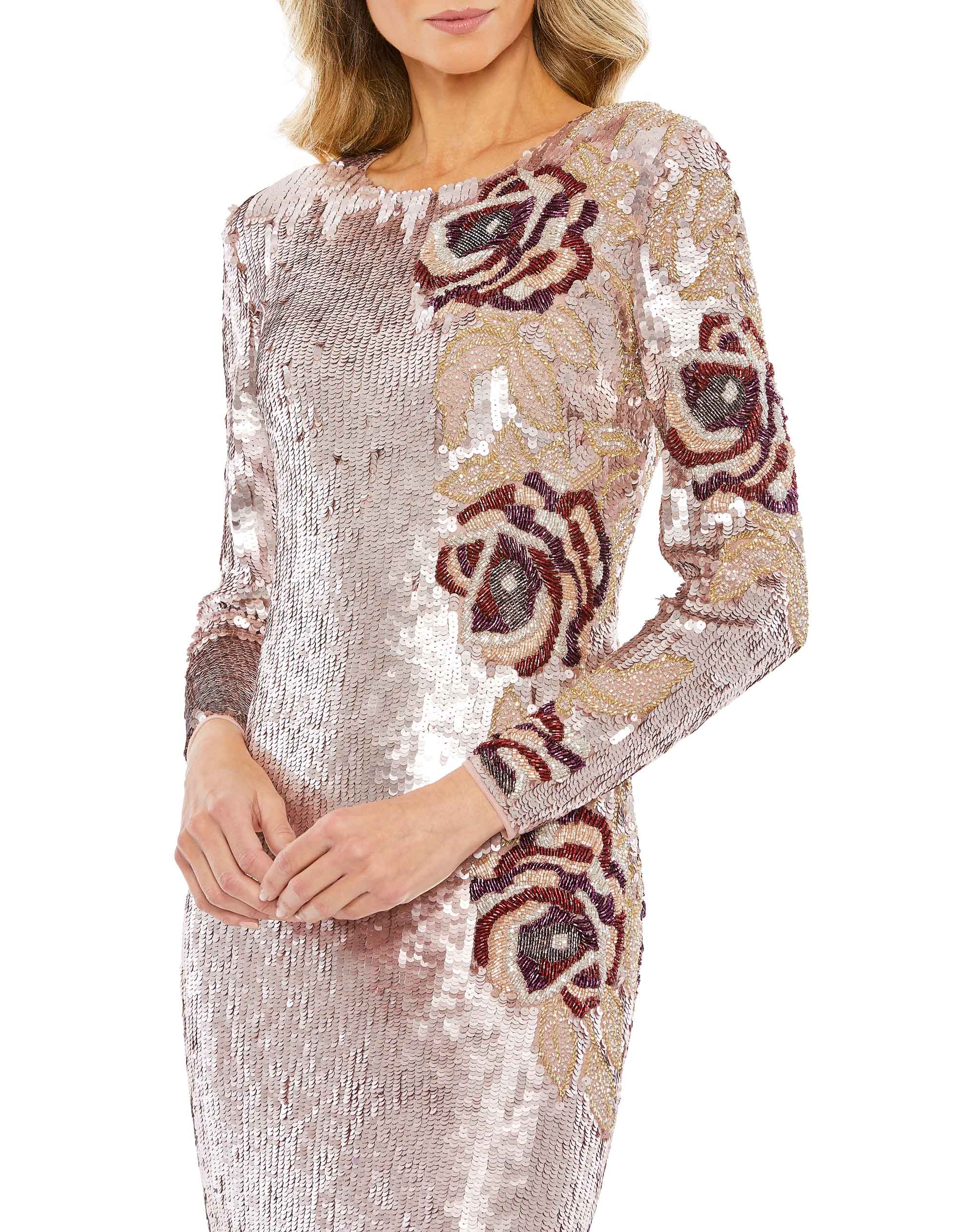 Sequined Asymmetrical Floral Long Sleeve Midi Dress