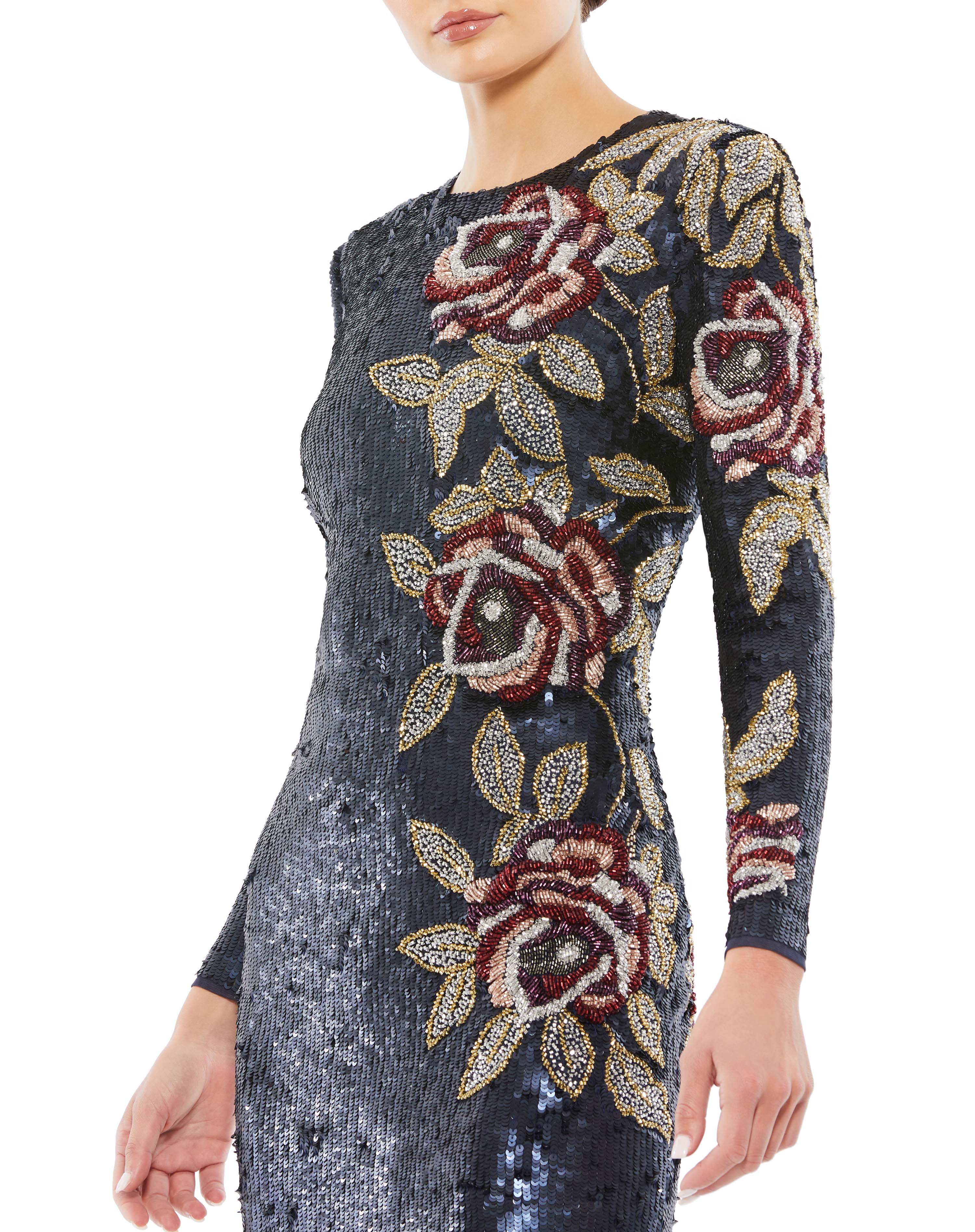 Sequined Asymmetrical Floral Long Sleeve Midi Dress