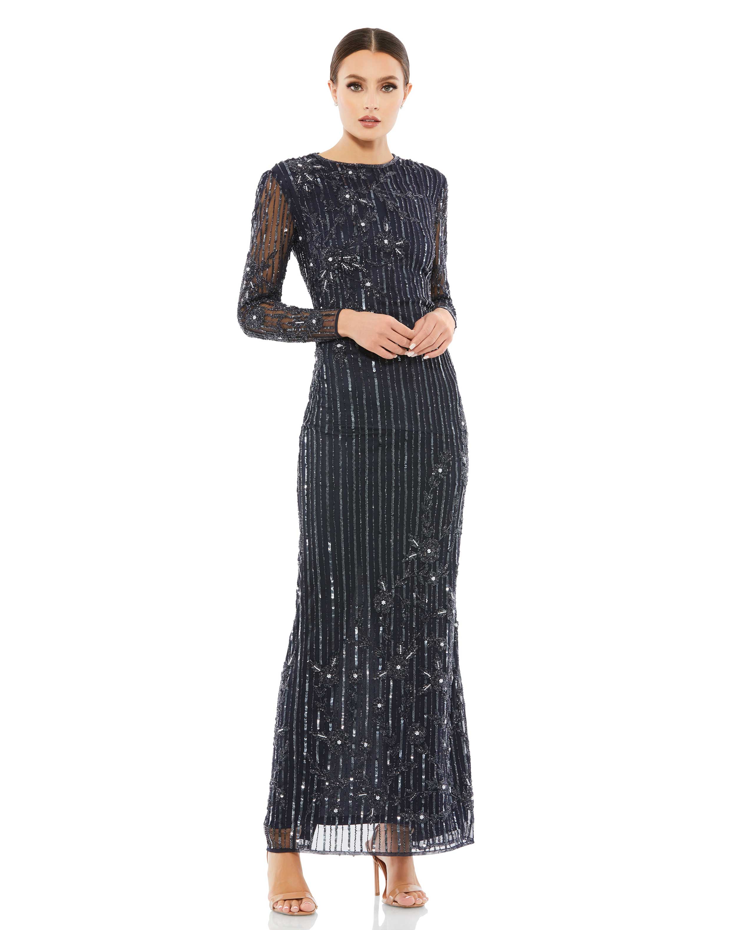 Embellished High Neck Illusion Long Sleeve Gown