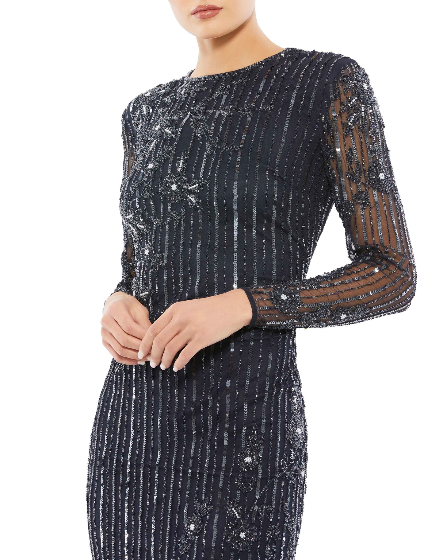 Embellished High Neck Illusion Long Sleeve Gown