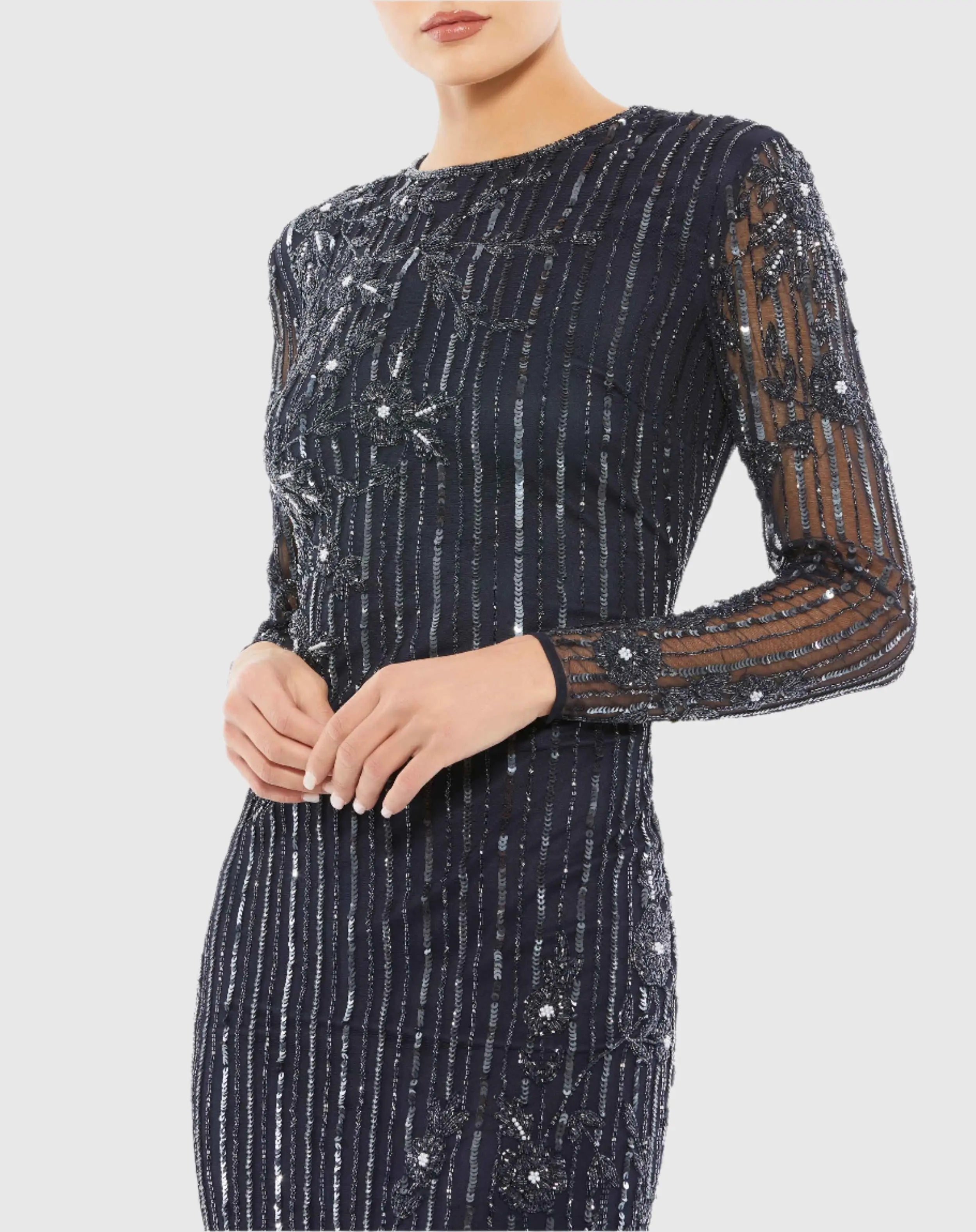 Dark Blue Embellished High Neck Illusion Long Sleeve Gown - Mac Duggal