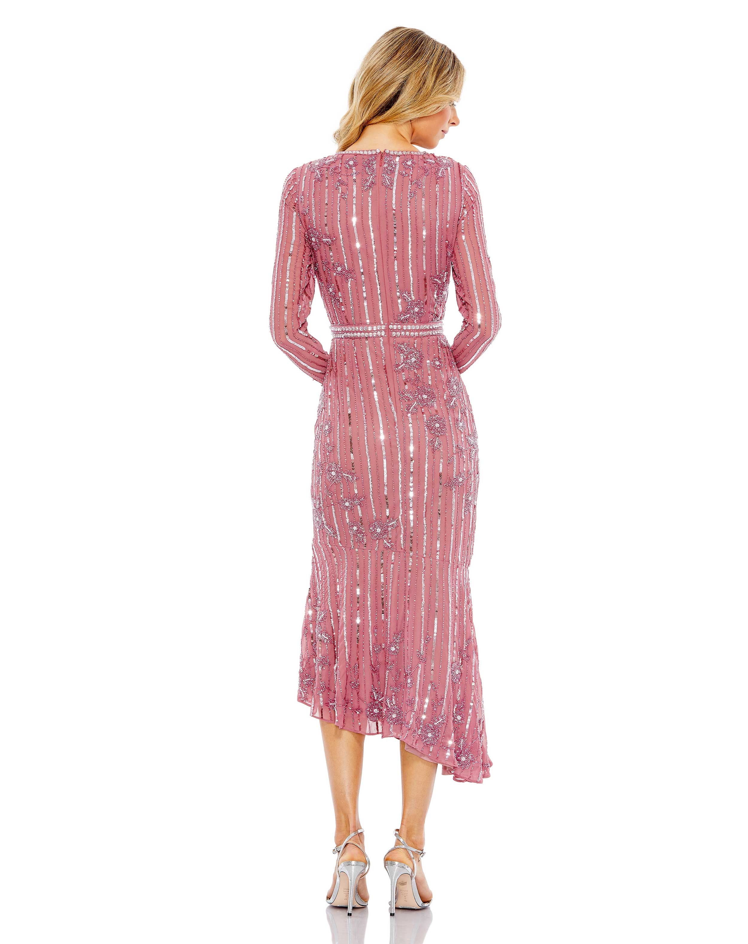 Long Sleeve Embellished Tea Length Dress