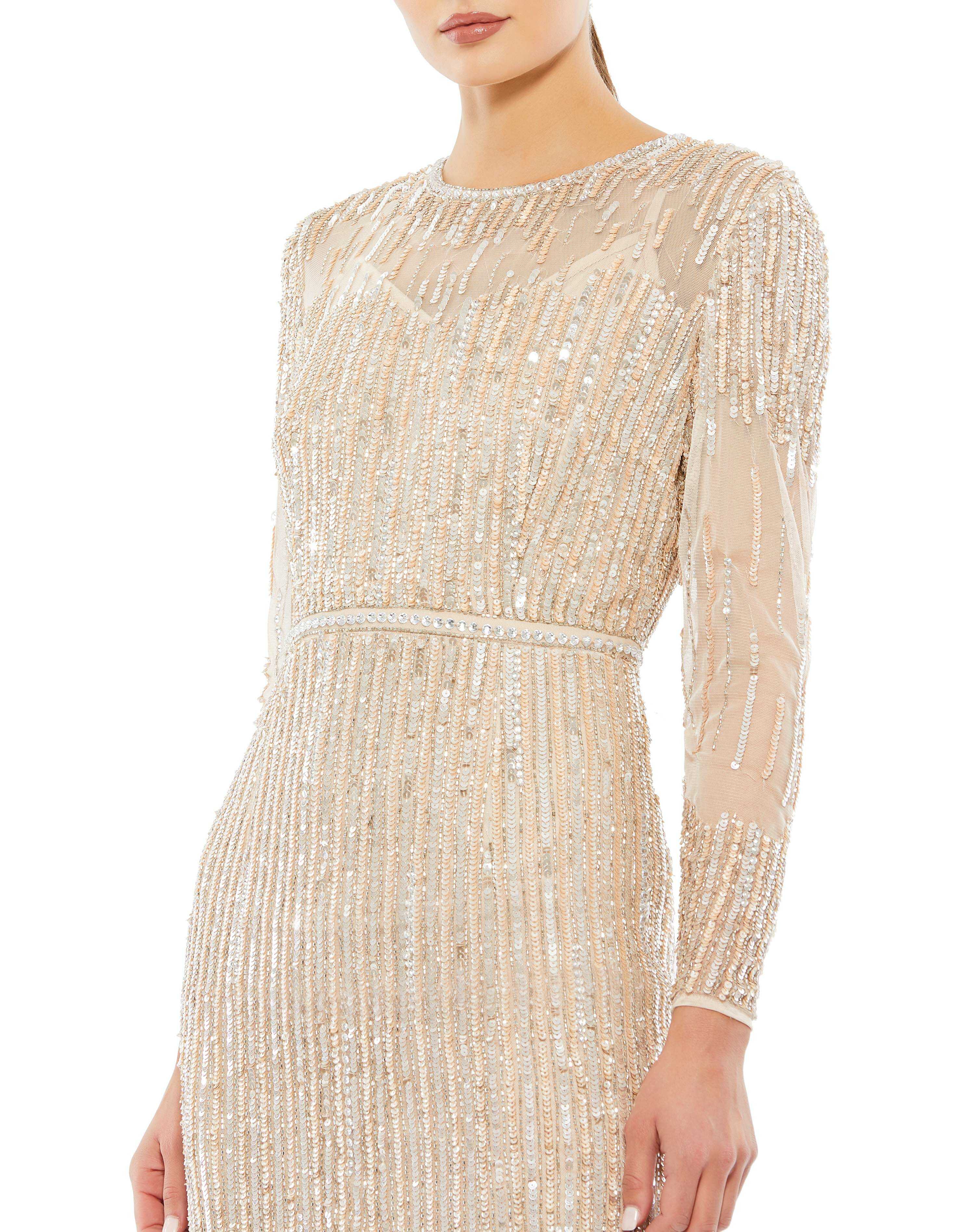 Sequined Illusion High Neck Long Sleeve Trumpet Gown - FINAL SALE