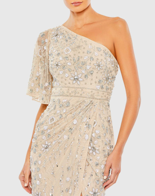 Embellished One Shoulder Draped Gown