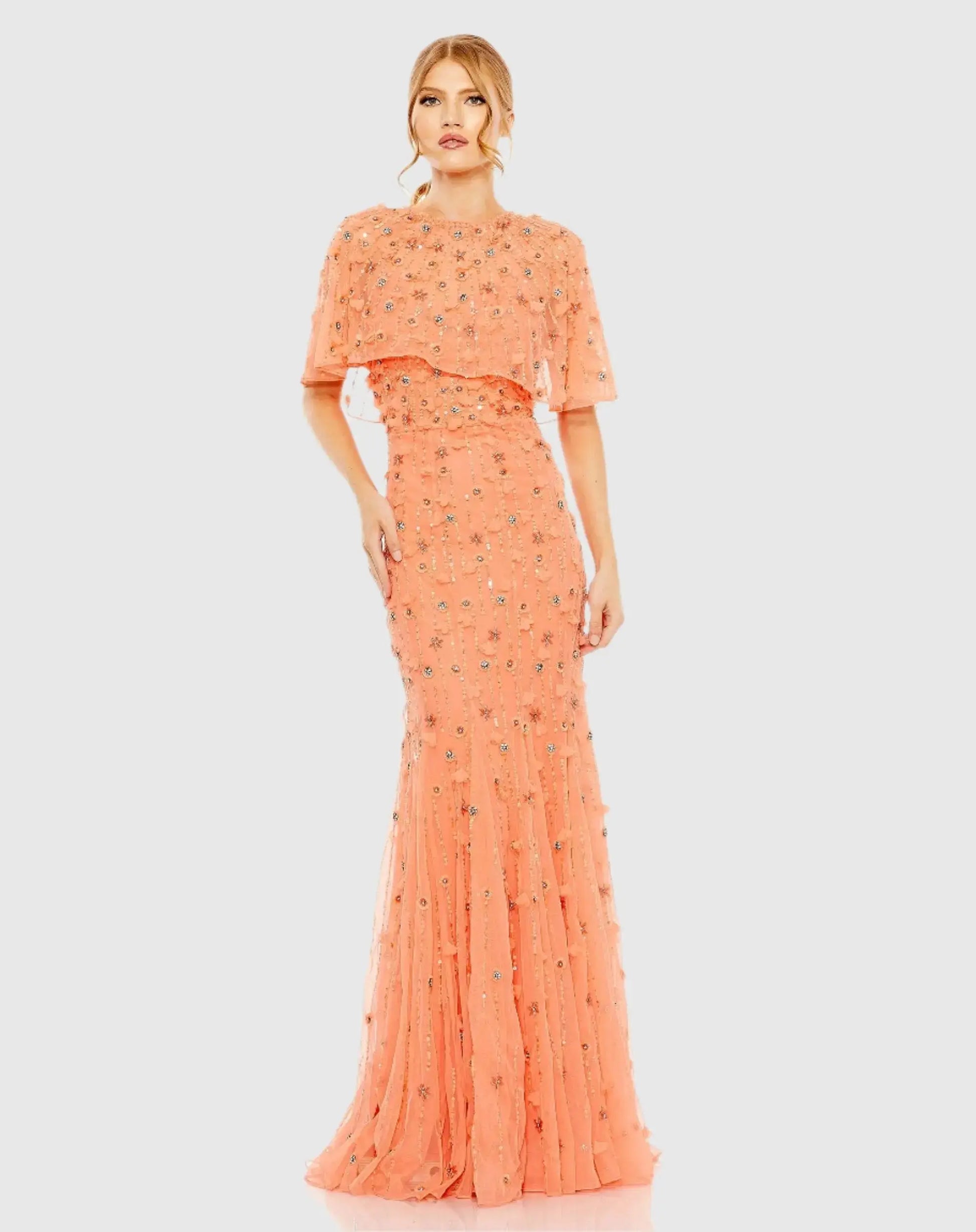 Orange Embellished Illusion Cape Sleeve Trumpet Gown - Mac Duggal Orange Embellished Illusion Cape Sleeve Trumpet Gown - Mac Duggal