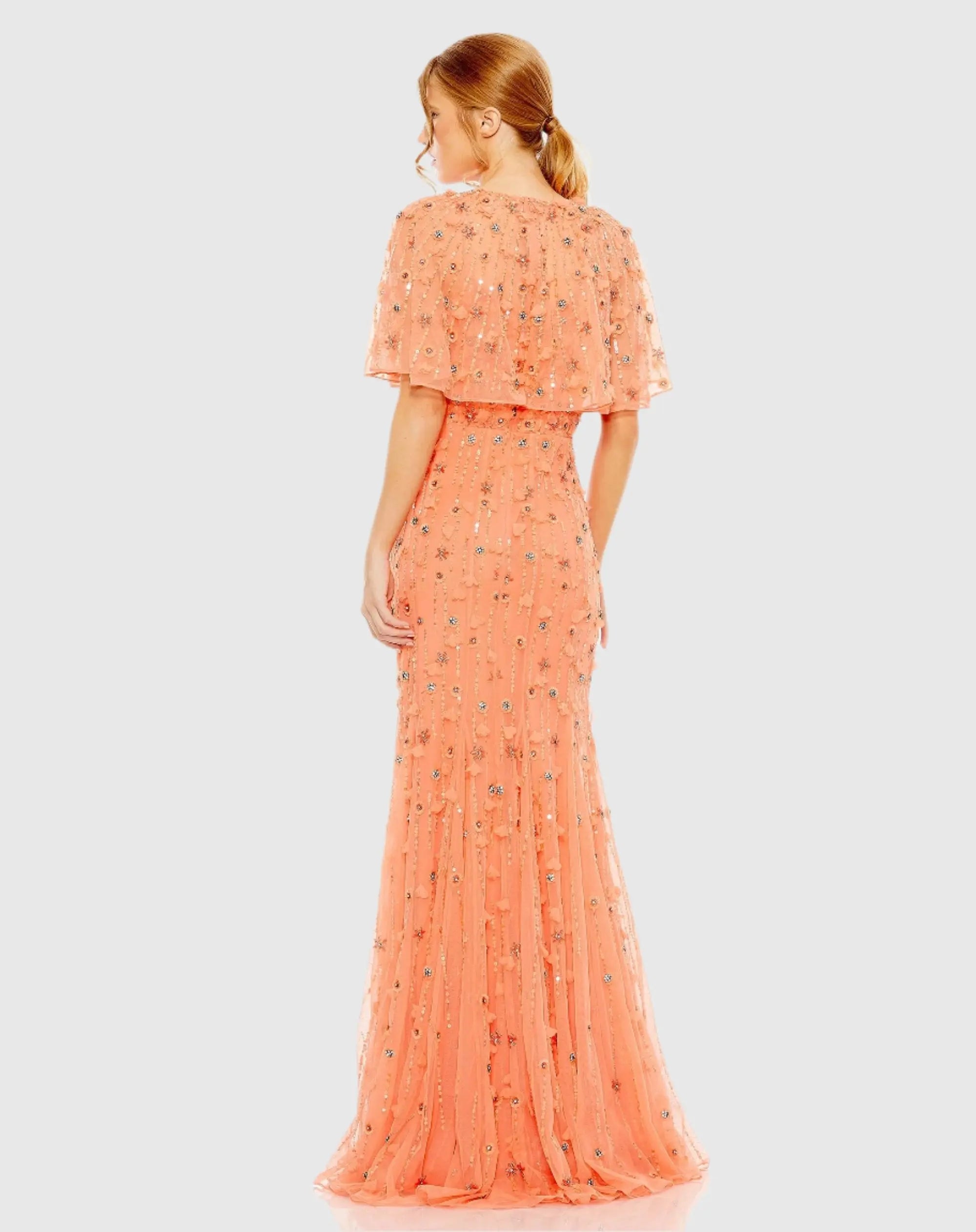 Orange Embellished Illusion Cape Sleeve Trumpet Gown - Mac Duggal