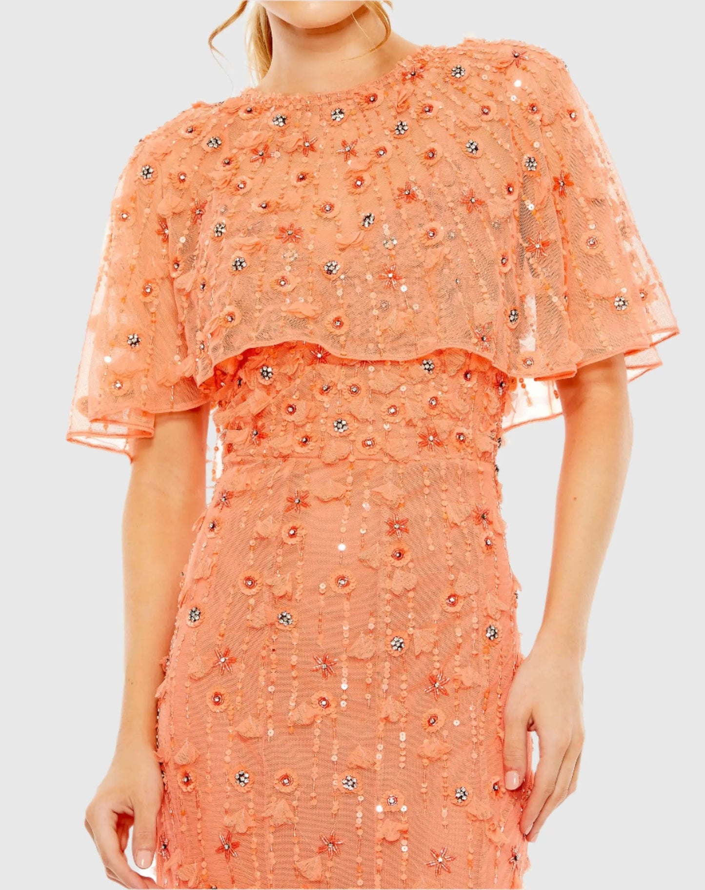 Orange Embellished Illusion Cape Sleeve Trumpet Gown - Mac Duggal