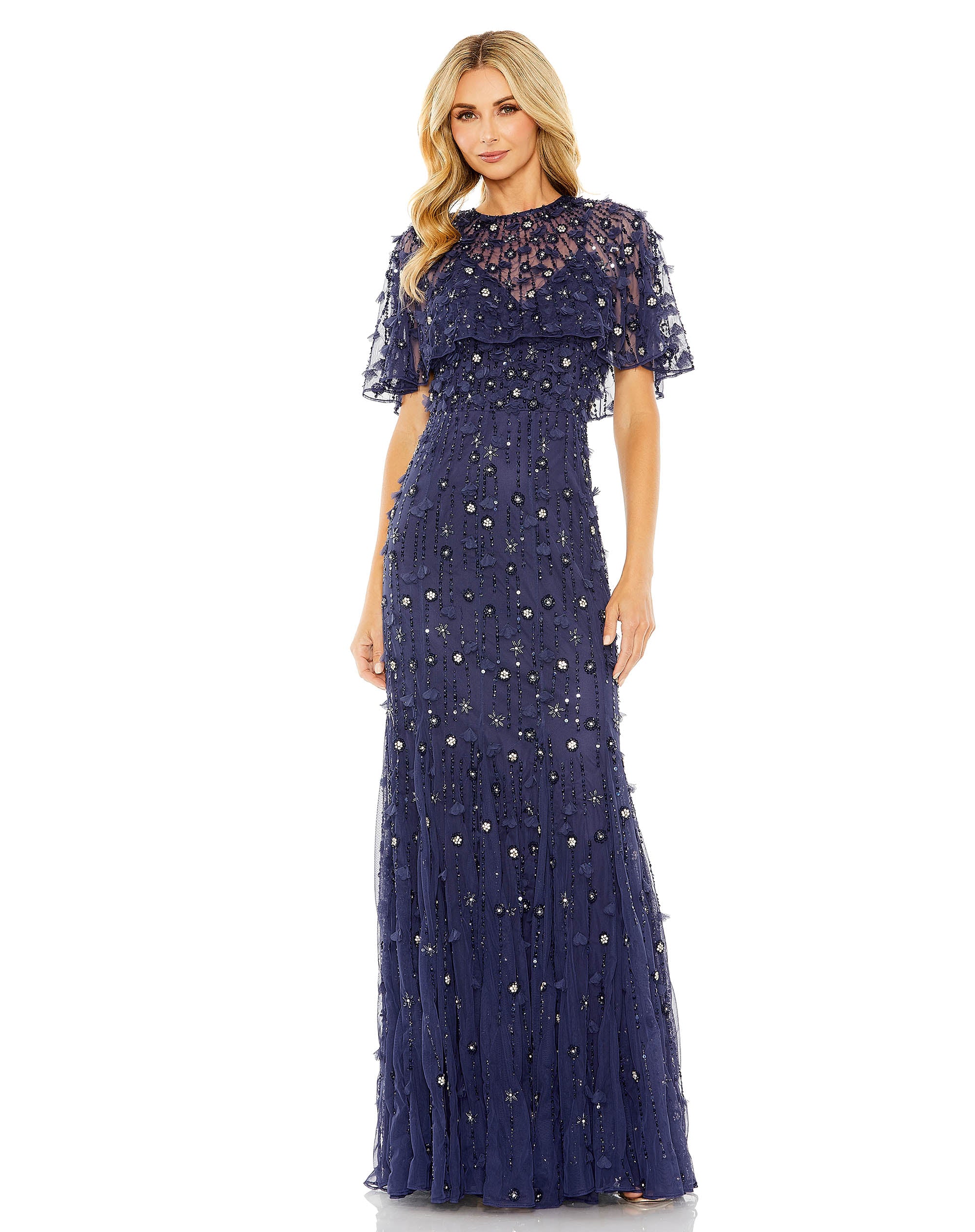 Embellished Illusion Cape Sleeve Trumpet Gown