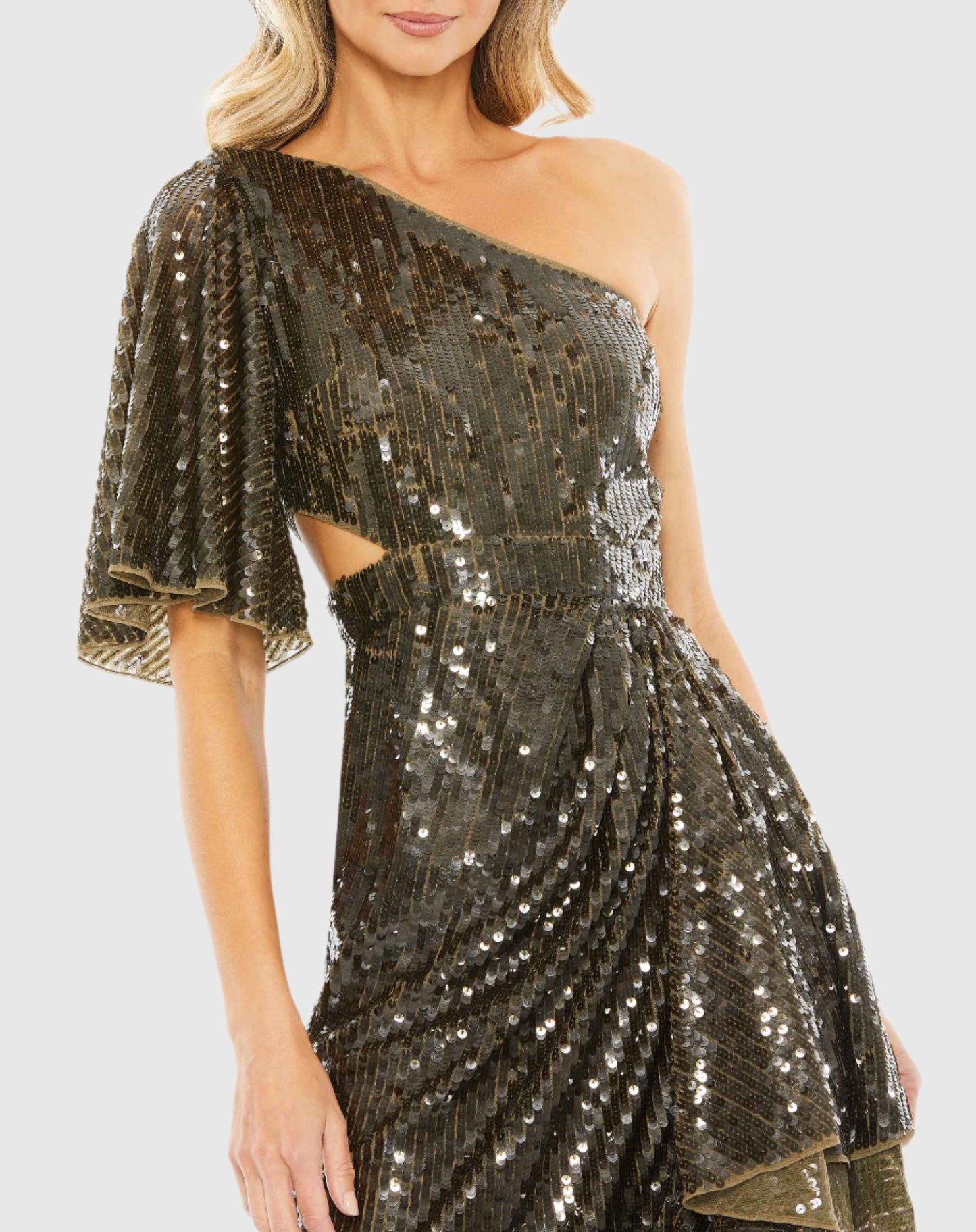 Sequined Flutter Sleeve One Shoulder Draped Gown - FINAL SALE