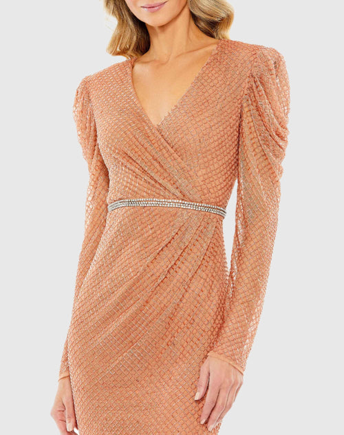 Beaded Wrap Over Puff Sleeve Dress