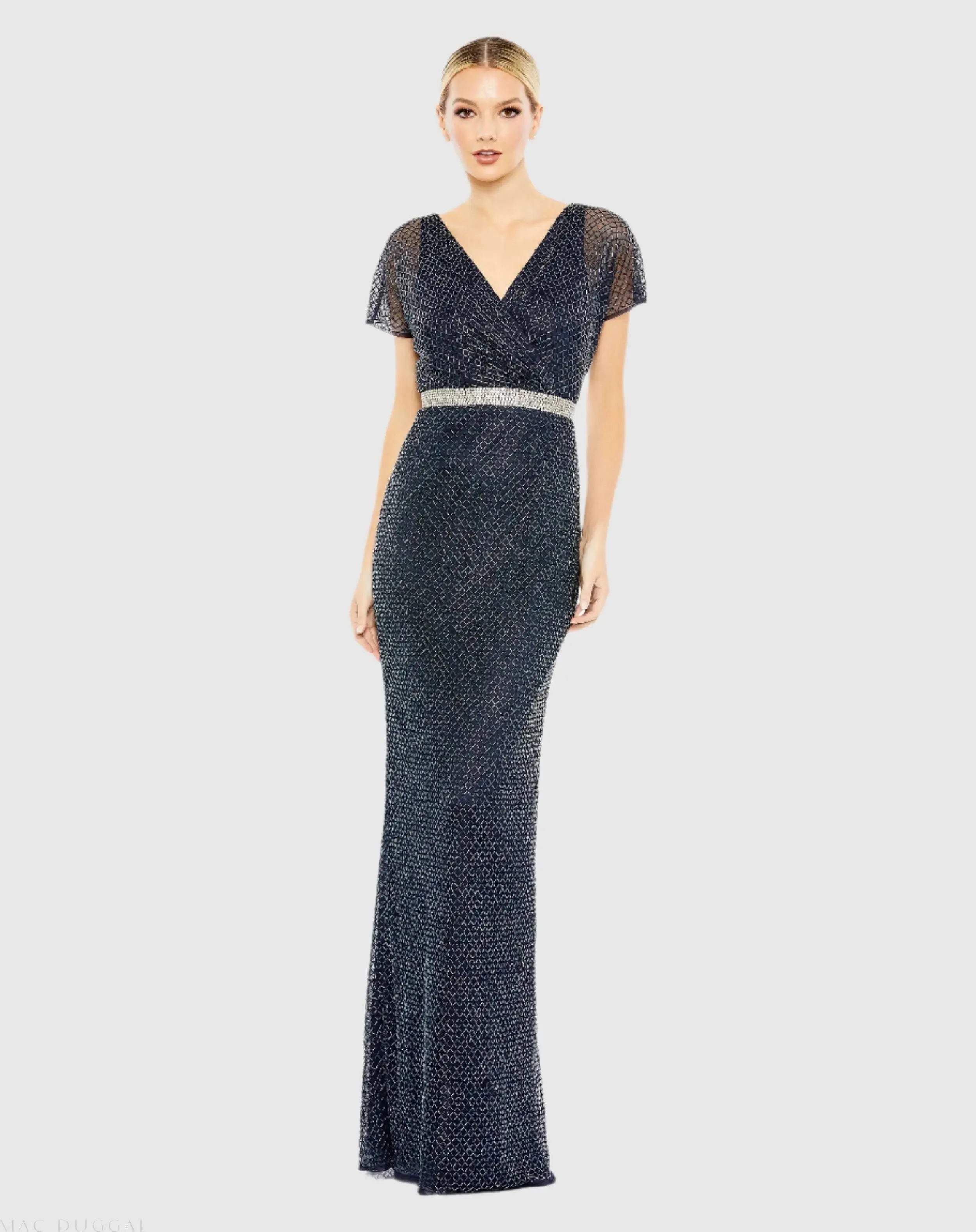 Navy Beaded Short Sleeve Column Gown - Mac Duggal