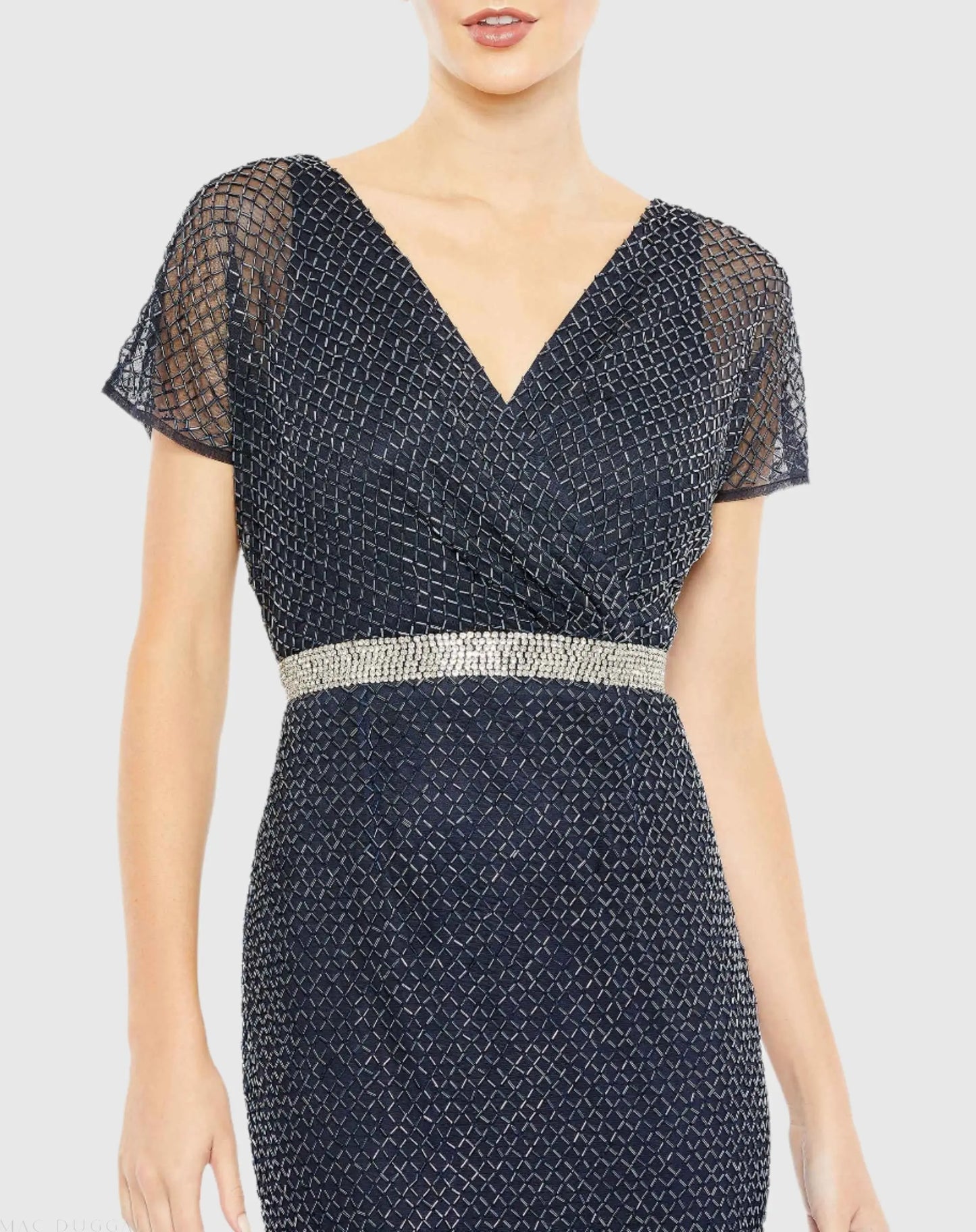 Navy Beaded Short Sleeve Column Gown - Mac Duggal