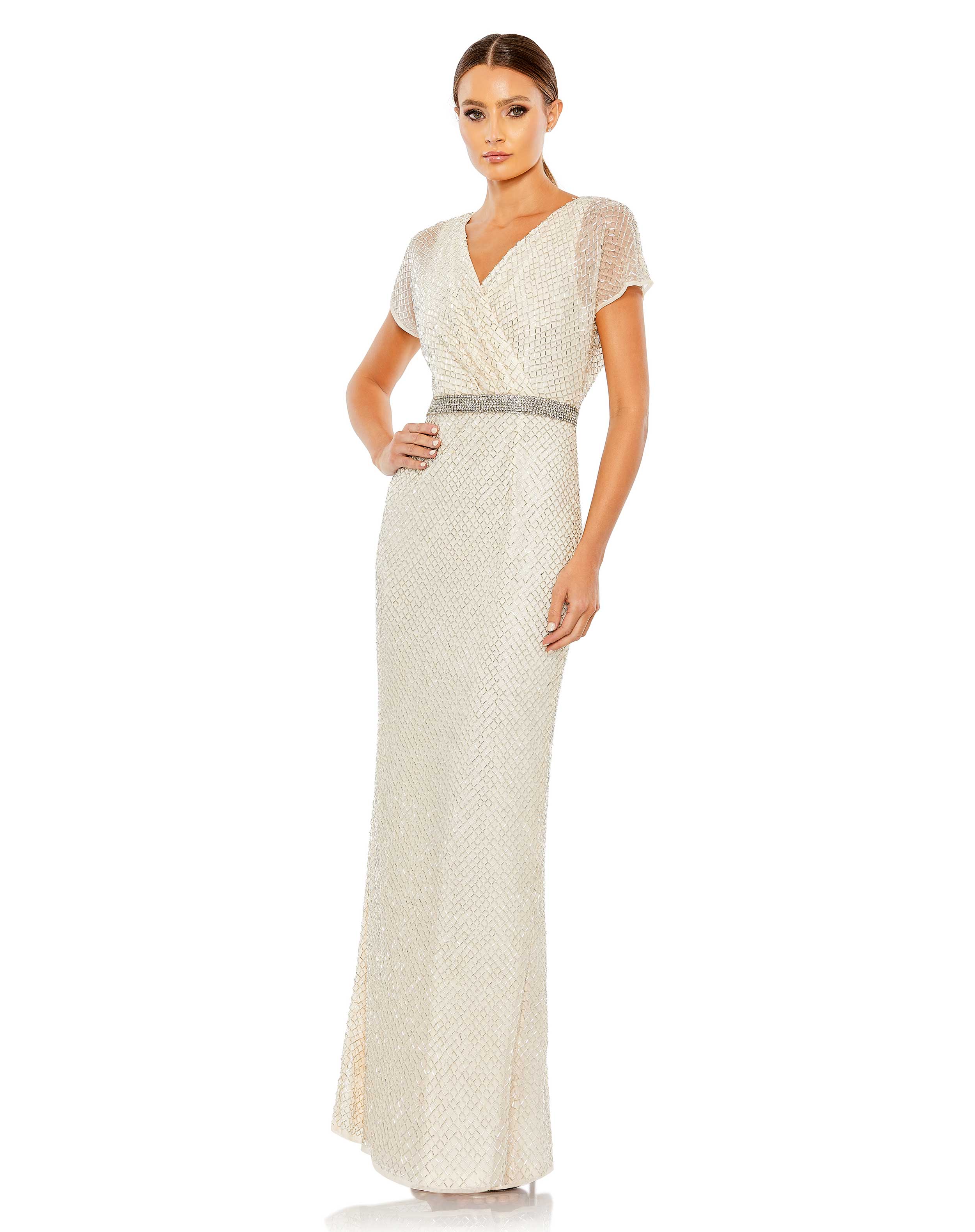 Beaded Butterfly Sleeve Column Gown