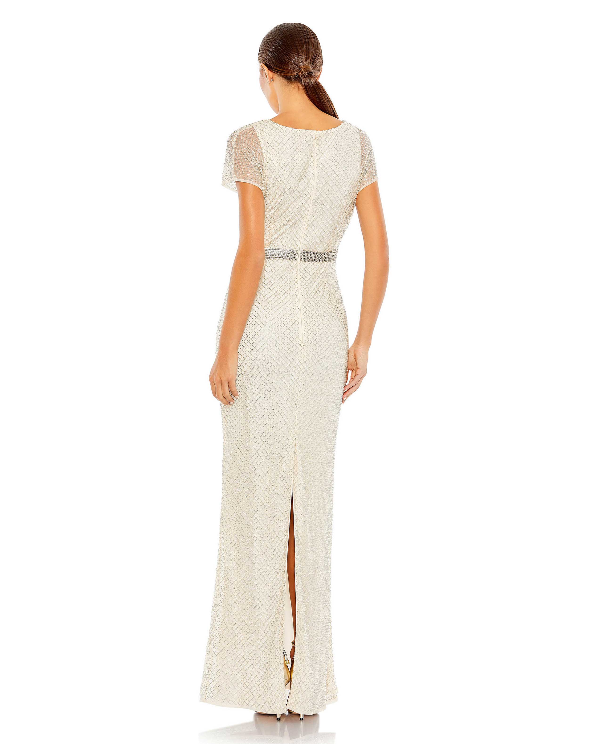Beaded Butterfly Sleeve Column Gown