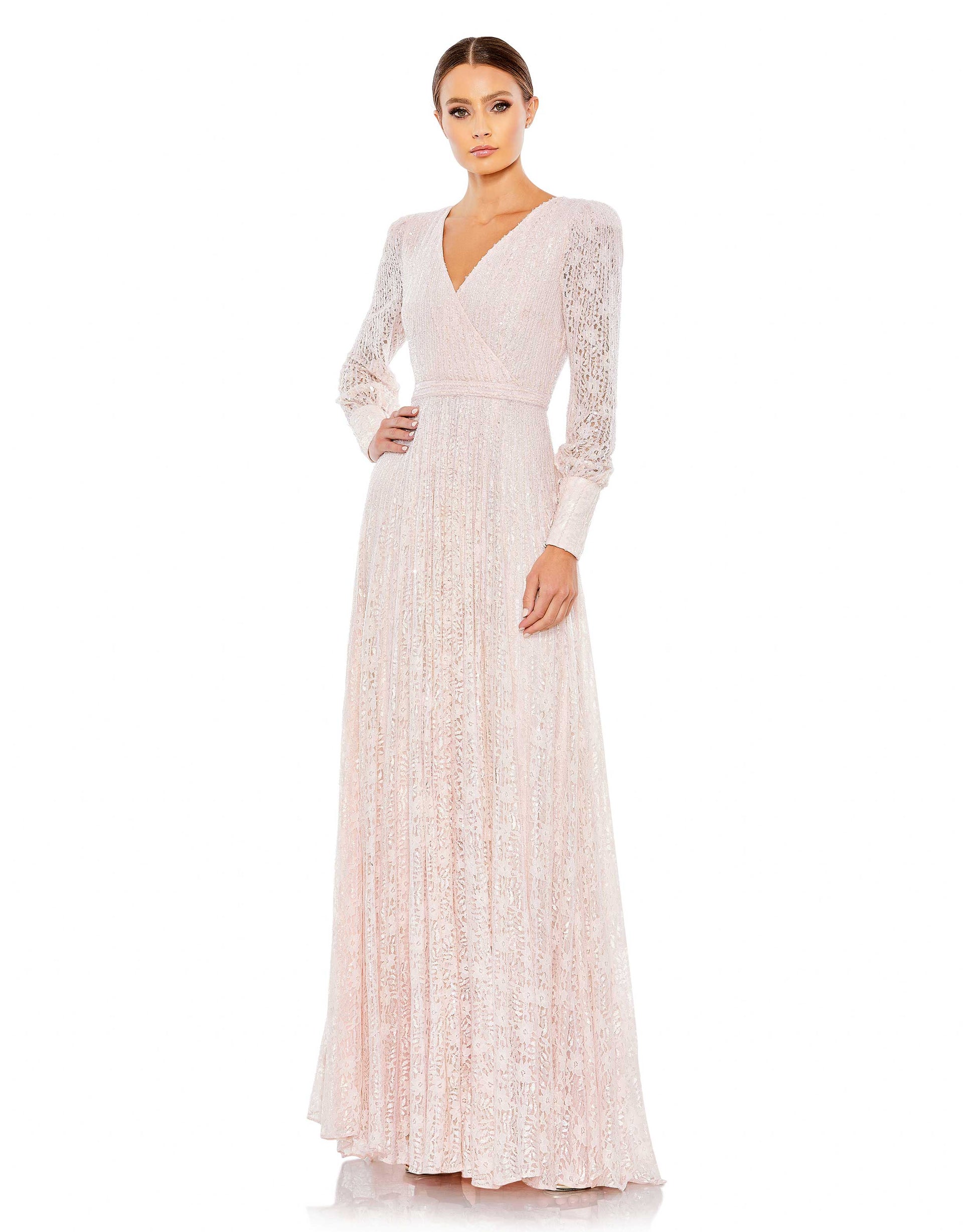 Beaded Lace Long Sleeve Wrap Over Gown