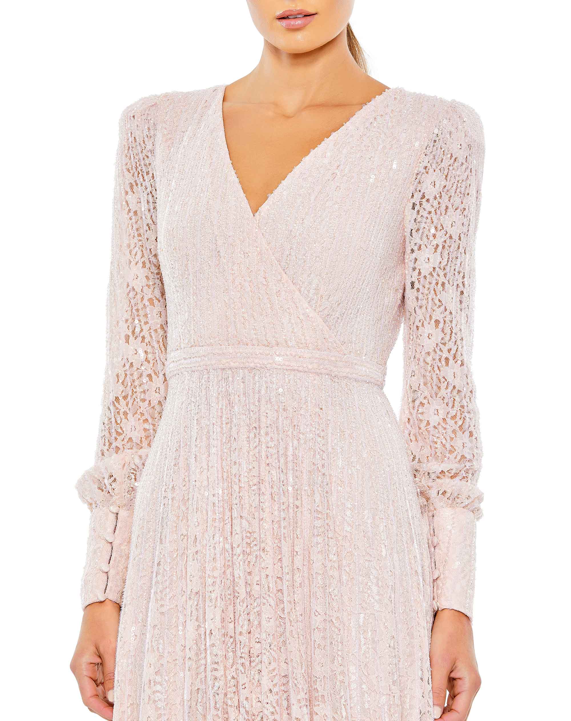 Beaded Lace Long Sleeve Wrap Over Gown