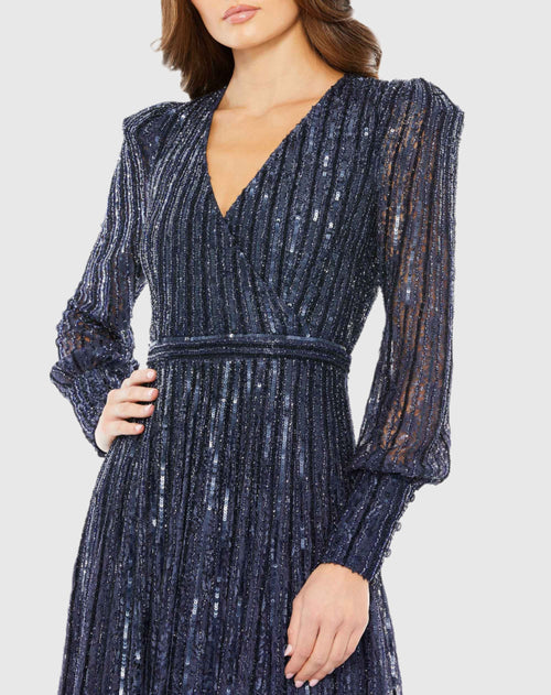 Dark Blue Beaded Lace Long Sleeve Wrap Over Gown