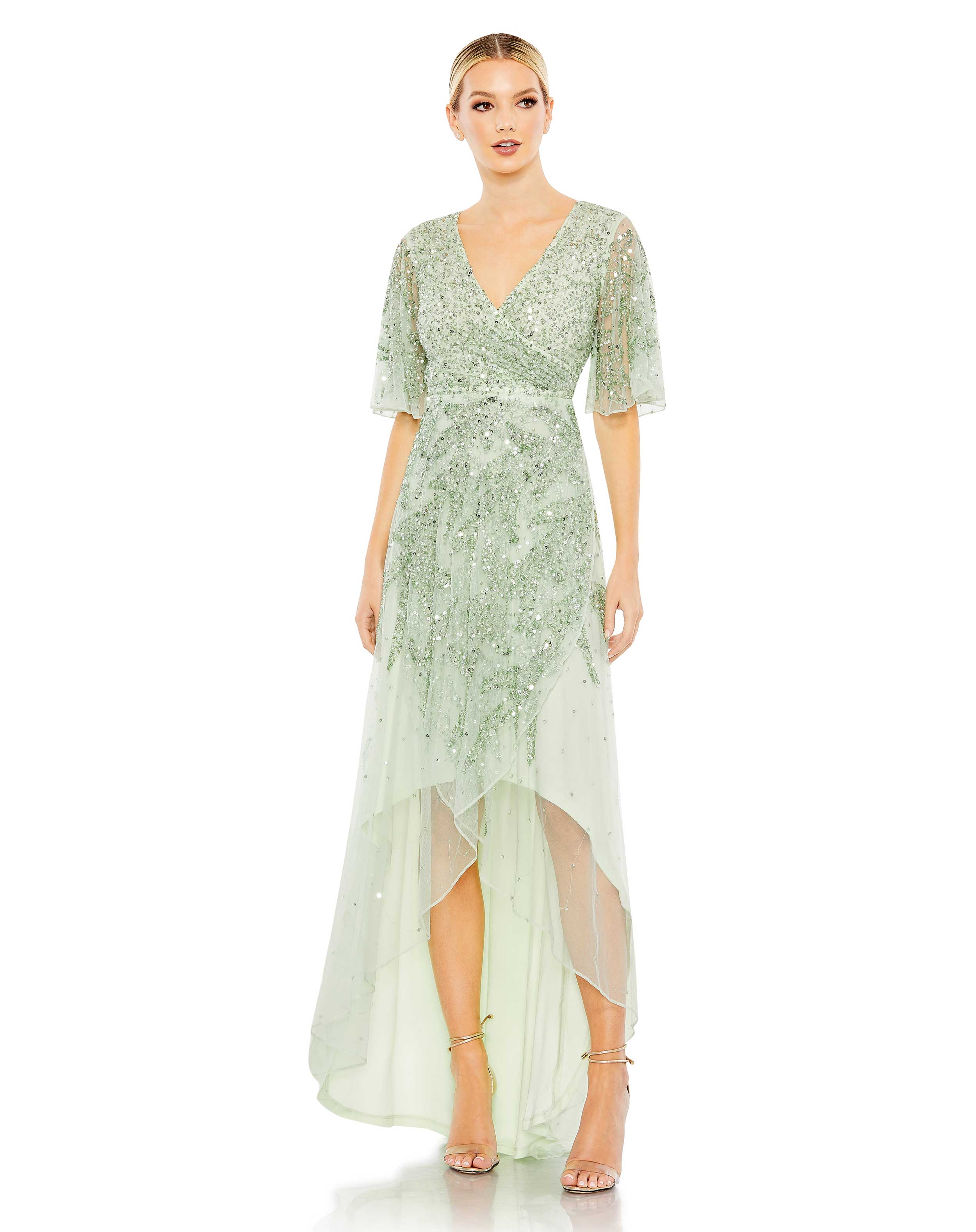 Sequined Butterfly Sleeve High Low Gown