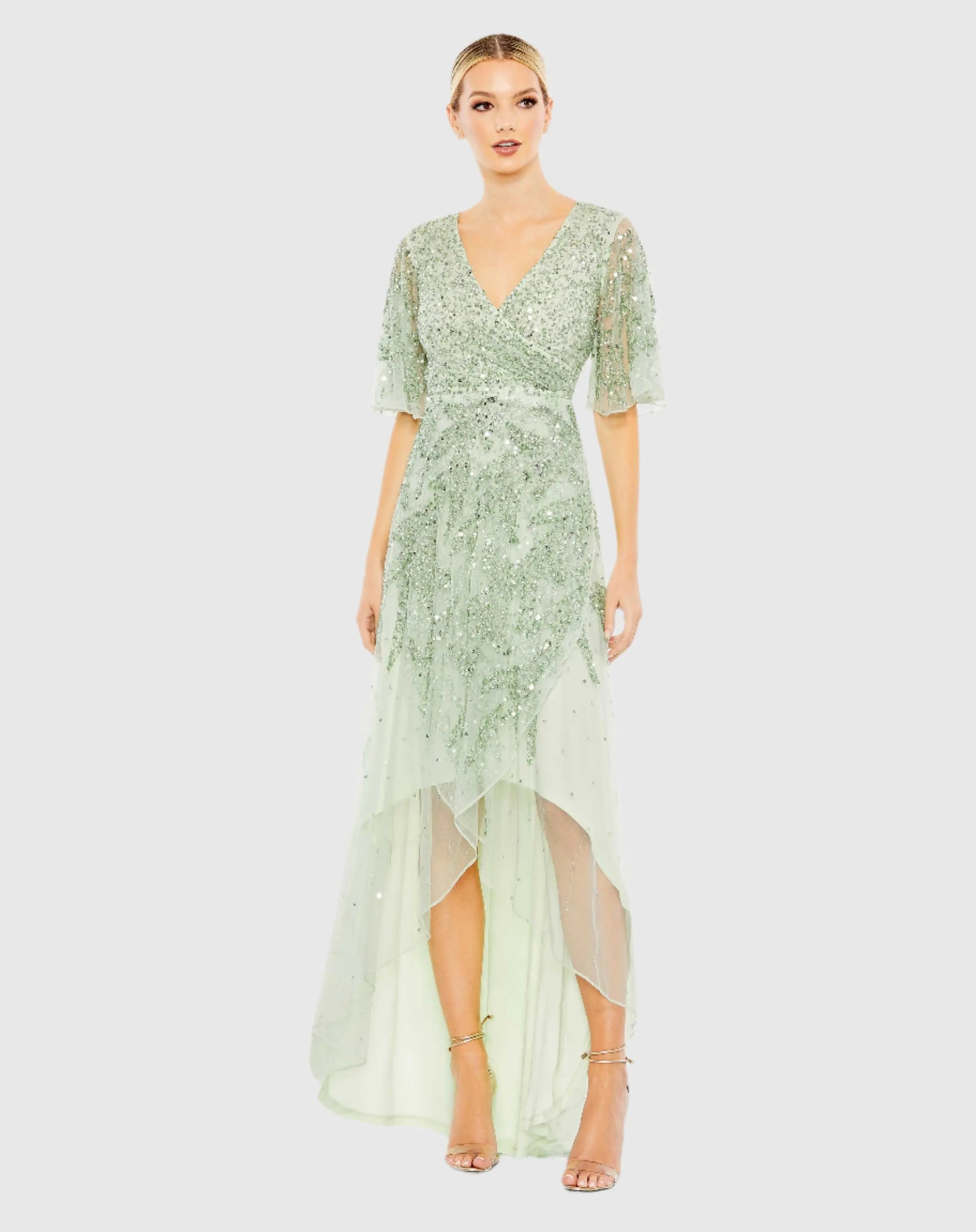 Green Sequined Butterfly Sleeve High Low Gown - Mac Duggal