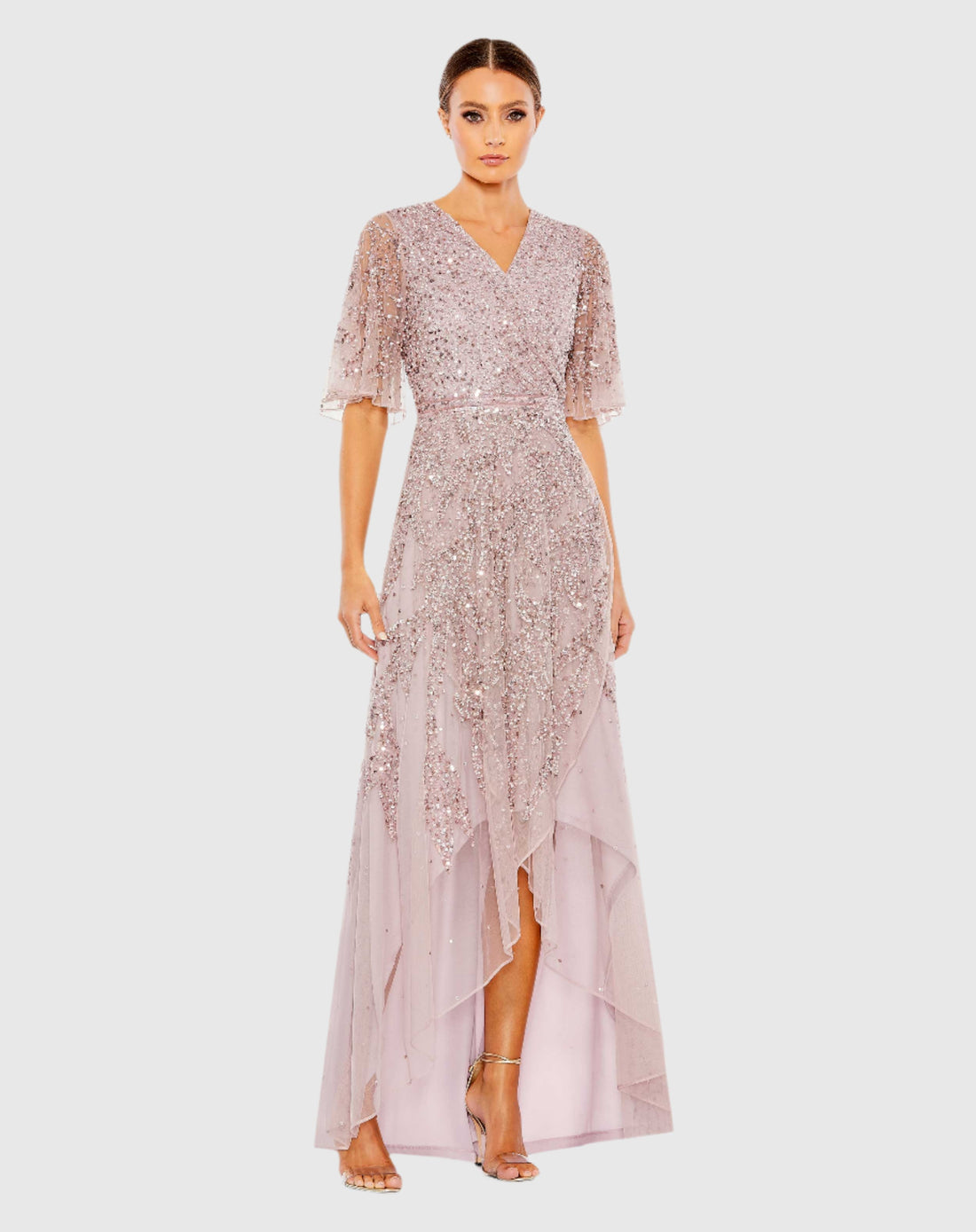 Sequined Butterfly Sleeve High Low Gown