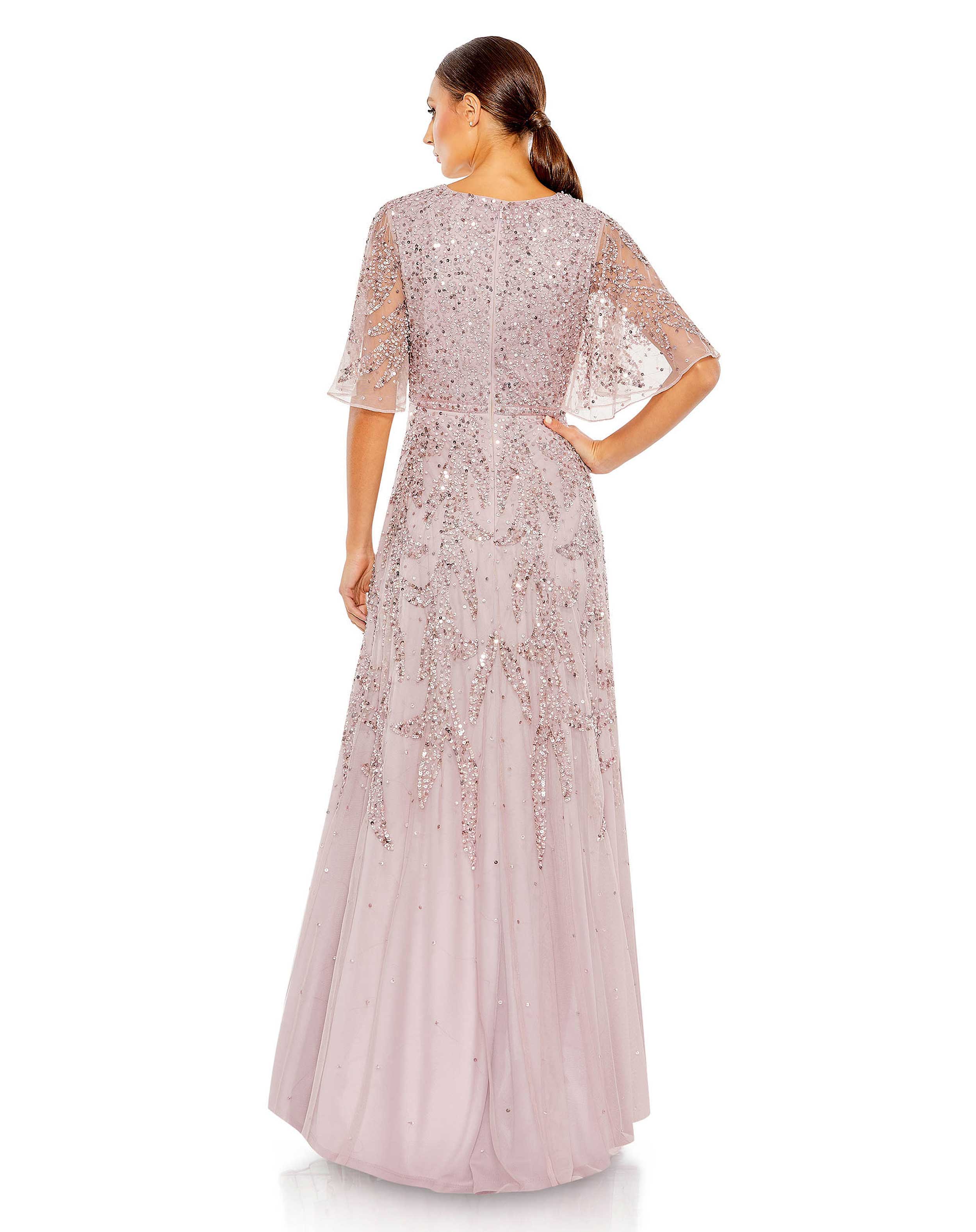 Sequined Butterfly Sleeve High Low Gown