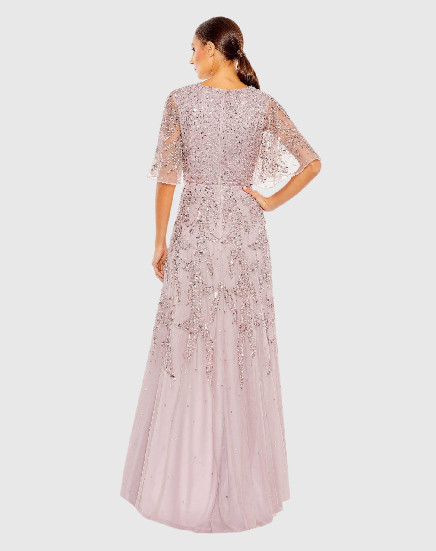 Sequined Butterfly Sleeve High Low Gown