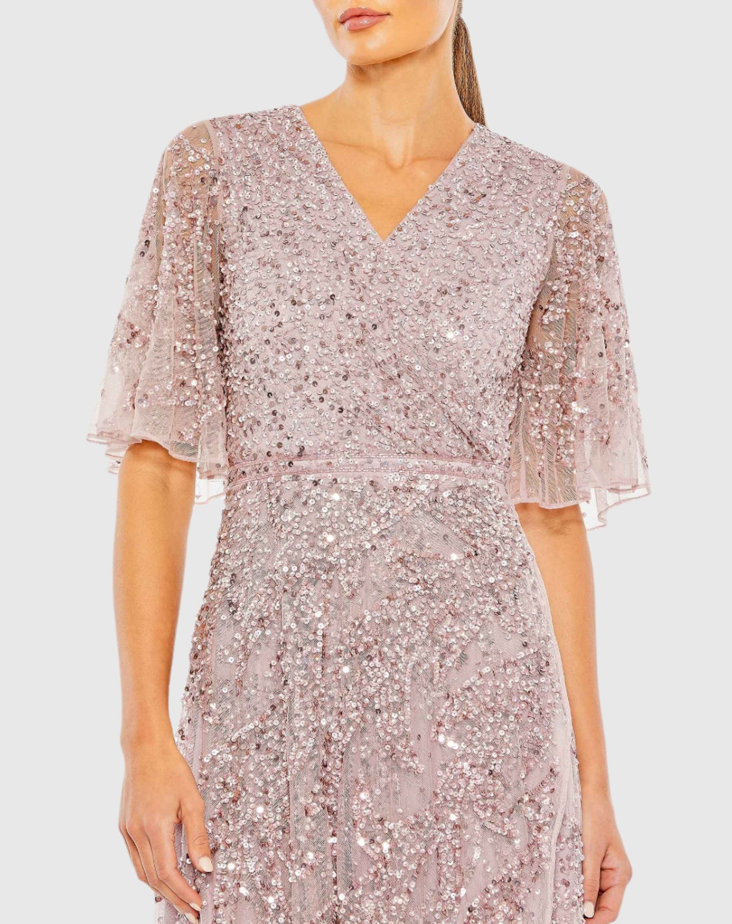 Sequined Butterfly Sleeve High Low Gown