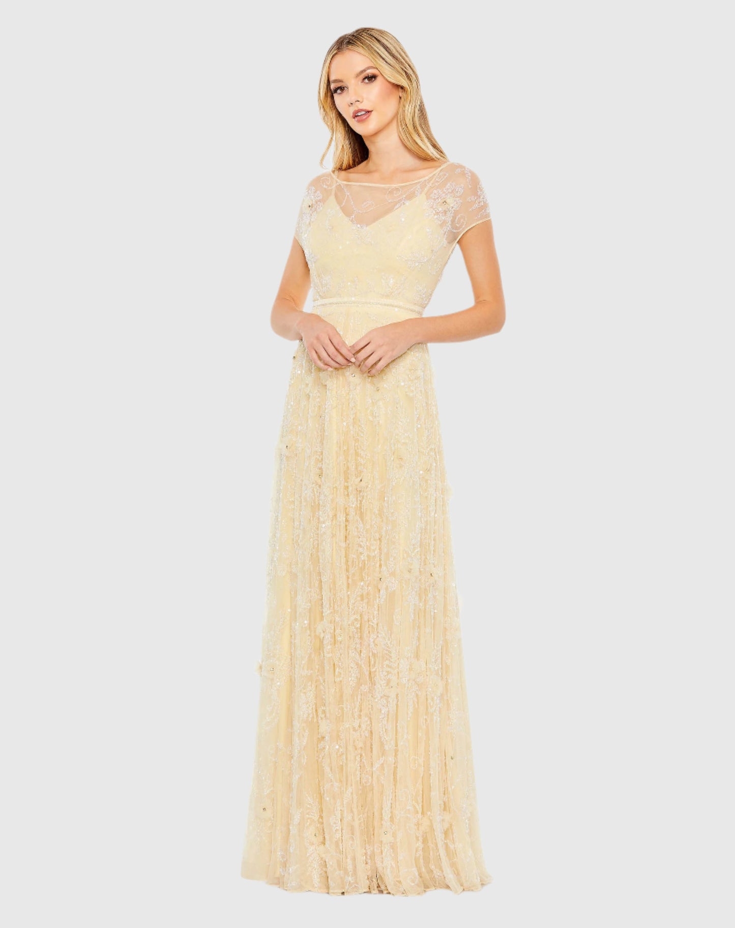 Embellished Illusion Cap Sleeve Gown