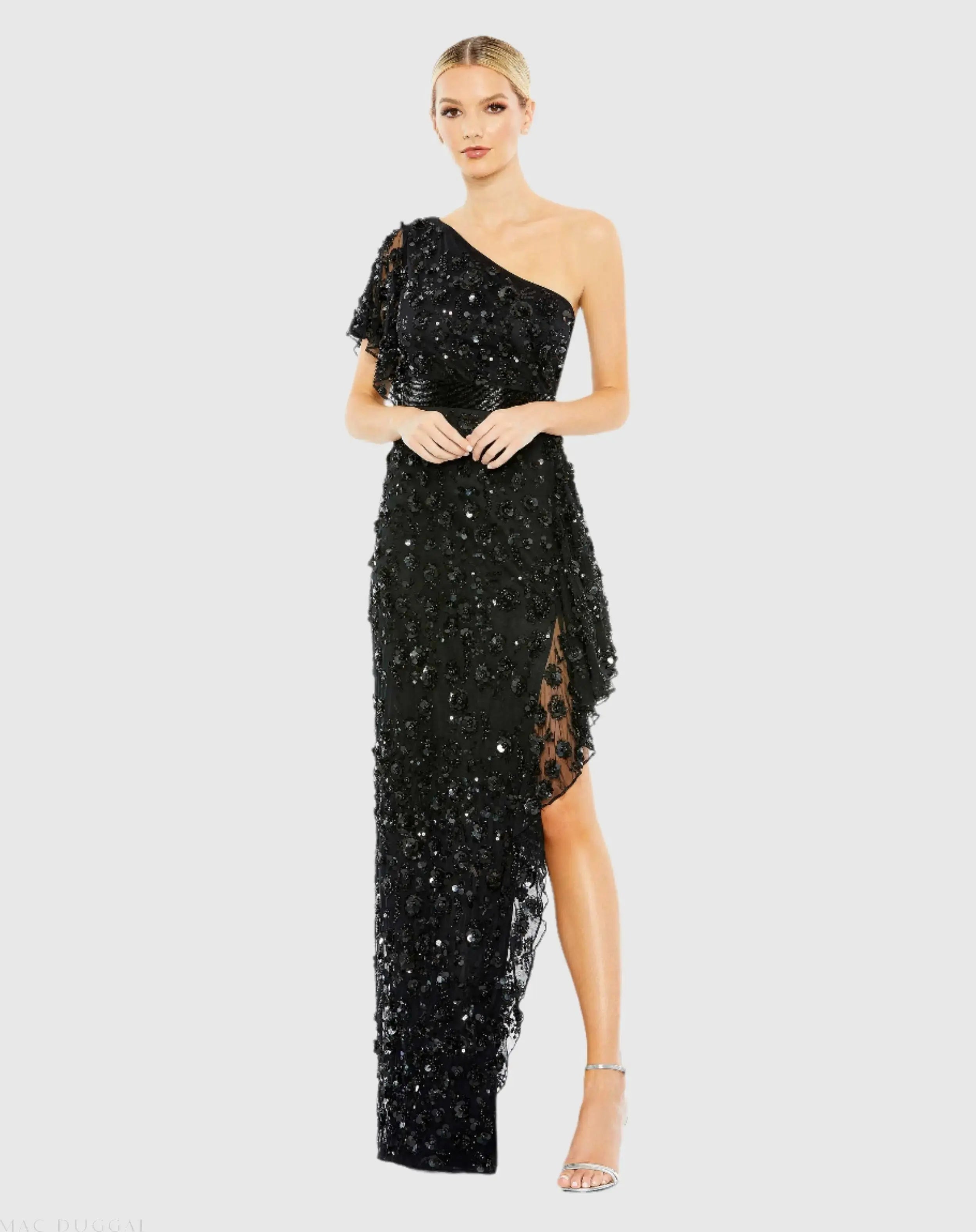 Black One Shoulder Beaded Embellished Gown with Asymmetrical Hem